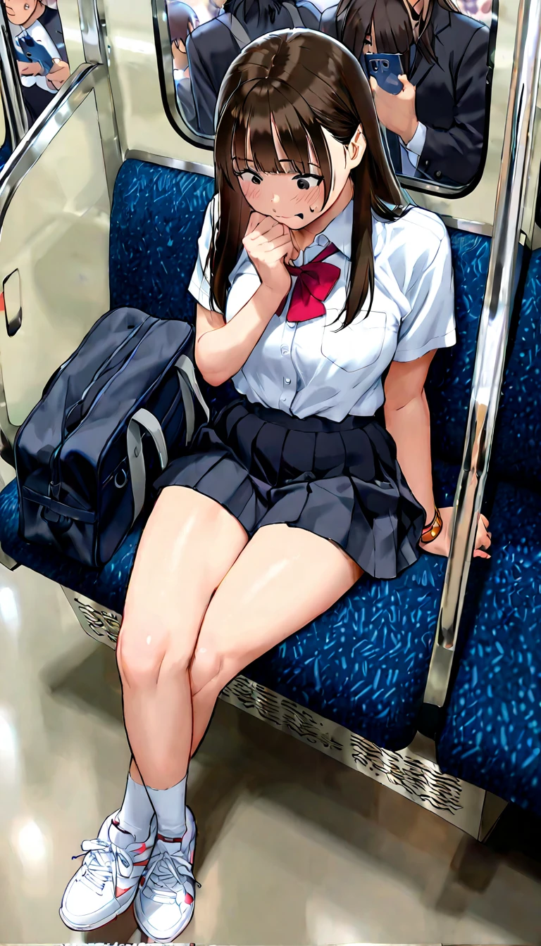 NSFW,4K,Gal:1.3,Anatomically correct,school uniform:1.3,A pure and innocent girl, Very cute face, Like an idol, (masterpiece:1.2), (high quality), panties, loose socks, Hip, Blue Skirt, alone, Blazer Type, loose socks, Lifting clothes, Brown eyes, pure gaze, mini skirt, Lift yourself up, Check skirt, blush,((Mid-chest)), (Sweating profusely), Long Hair, physical education, Beautiful legs, ((in the train))
