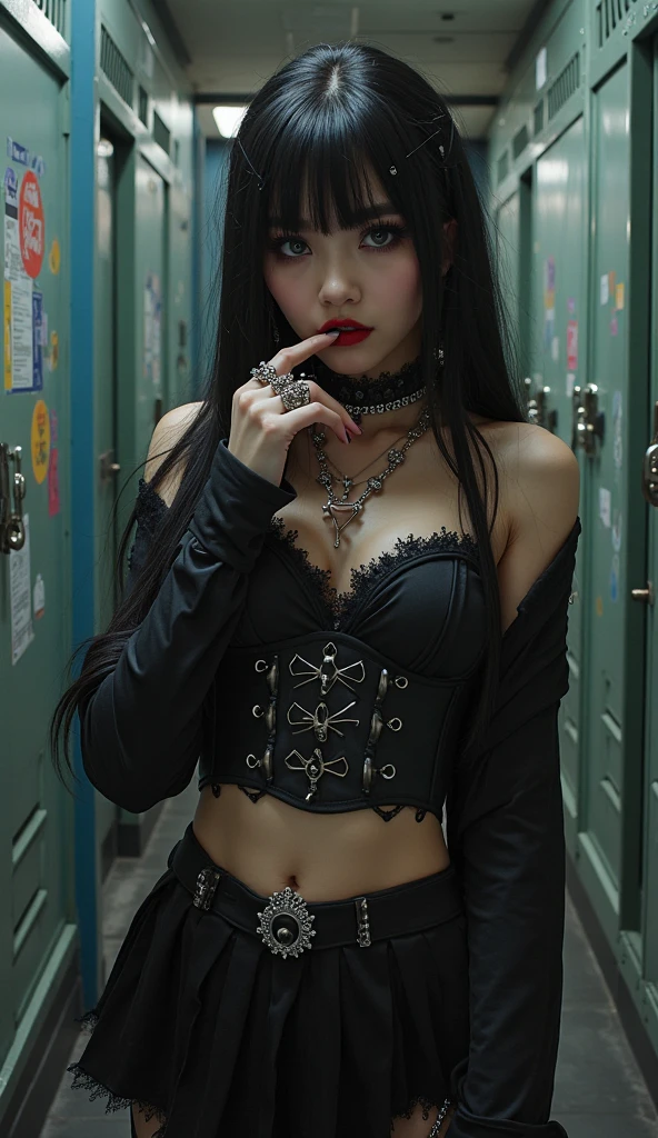 Gothic style photorealistic. 1girl, tattoo, long hair, black hair, solo, navel, brown eyes, jewelry, bracelet, choker, small breasts, looking at viewer, realistic, necklace,skirt, bare shoulders, thigh highs. . Dark, mysterious, haunting, dramatic, ornate, detailed