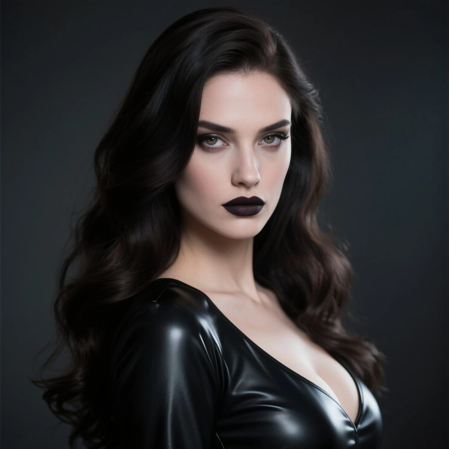 woman, long wavy black hair, wearing Wolverine costume, looking at the camera, dark background, photorealistic