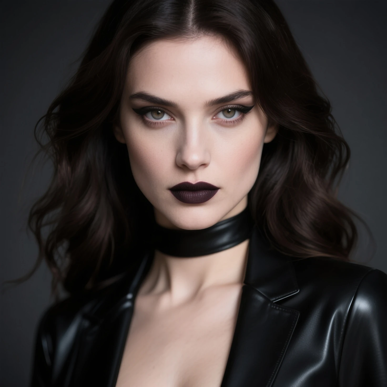 Half body shot of a goth woman in lingerie with leather jacket and fishnet stockings in a dark studio, black make-up, sensual pose, perfect body, ultra detailed, photorealistic, masterpiece.