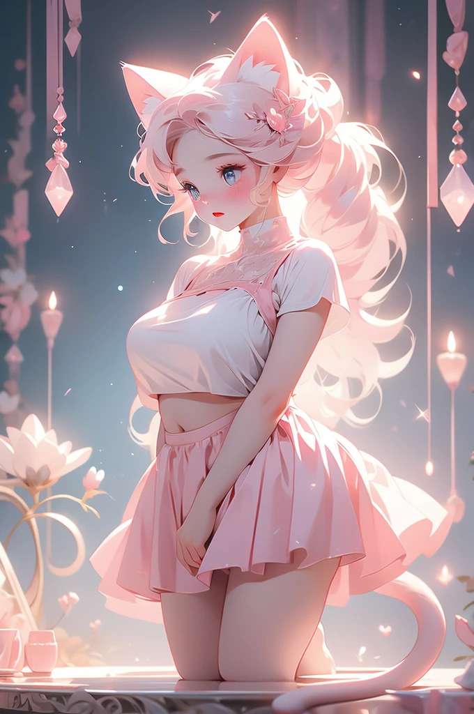 1girl, short white hair, ethereal, white ears, looking up, shy, timid, plump curves, miniskirt, bikini, cat ears, cat tail