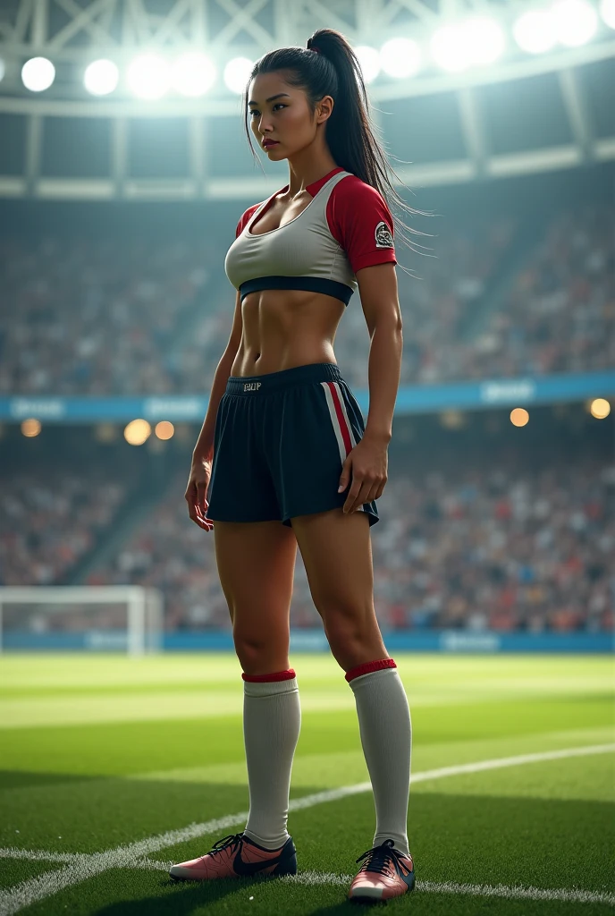 (((masterpiece))), highest quality, Correct scale, Ultimate detail, live-action, Ultra-high resolution, ((1 girl, Adorable, Severe)), ((soccer_Uniform-style underwear, soccer shoes)), (Light blue eyes, Blonde Short Hair, compensate), (Large Breasts, Thick thighs, Perfect body, Abdominal muscles, Volupture), Learn more, Detailed face, Detailed Eyes, (sweating), 20-year-old woman, Dark Theme, Soothing Tones, Calm colors, High Contrast, soccer court, playing soccer、The lower half of her body is covered in white lace panties.、No brand logo、
