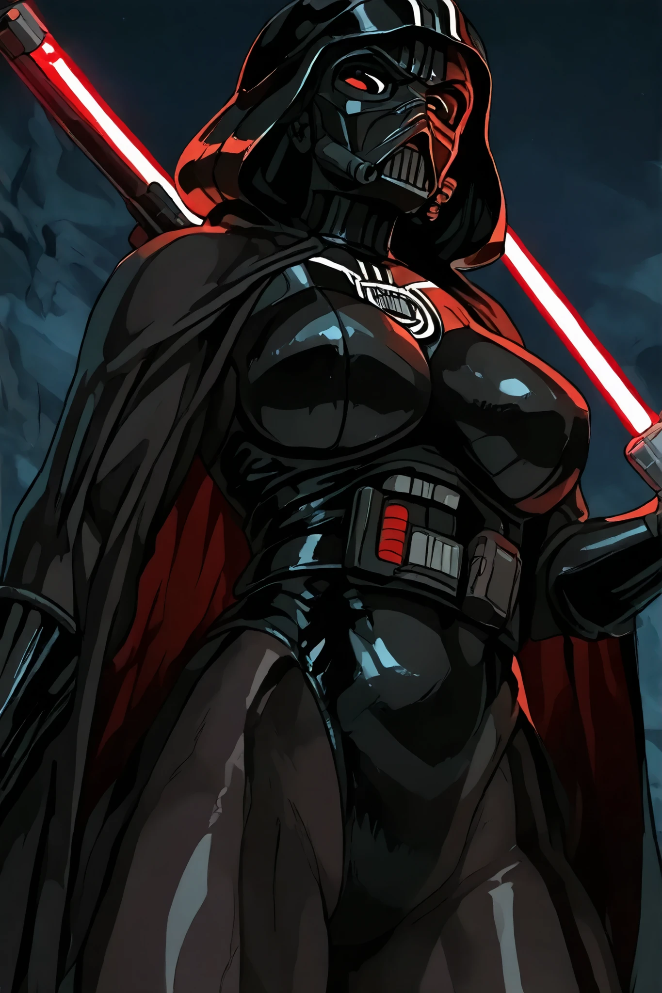 Female version of Darth Vader with the, wielding the red light sabre, corpo feminino, peitos medios, bunda media, corpo definido, corpo magro, maio preto, coxas, barriga, Front view imposes, estilo anime, alta qualidade,
Just a lightsaber,
Just a character ,
wearing a black swimsuit ,
An anime girl with Darth Vader traits,