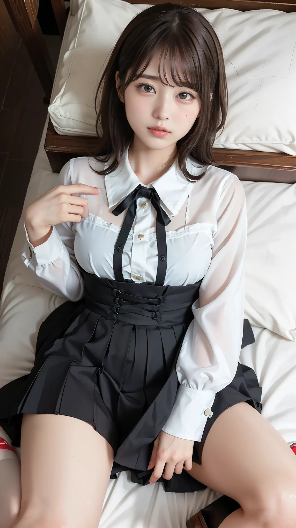 (32ｋ,high detal,high-detail、Attention to detail,​masterpiece,full body Esbian,独奏,Although incredibly beautiful and sexy、Very pretty１４3rd grade junior high school girl  beautiful girl：1.9),Raw photo & realistic atmosphere,beautiful dark blue eyes,Detailed mouth,Glossy lips,Detailed eyebrows,Eyes drawn in detail with soft white skin that shines in every detail、Very beautiful eyes with dark blue eyes,Detailed lips、Very beautiful face,Very well-formed face、Real Face,shiny beautiful lips,Beautiful eyebrows,Infinite reality, Realistic Young Gravure Idol, Young Sensual Gravure Idol, Young Gravure Idol, Beautiful, Sexy and cute.１4-year-old girl junior high school girl beautiful girl,the whole body is wet,dripped out,with a flushed face,,The body is dripping wet,Sheer clothing,Hair is wet,Dripping water,dripping,（Wet and see-through short sleeve blouse,Beautiful kind eyes,Looking at the camera：1.5）,(Beautiful smooth legs,Exposed thighs,Gentle smile,Sexy shapely breasts,,Immature body,Beautiful sexy floral almost lace blouse with red and white base,Super emphasis on bare thighs,Show off your beautiful thighs sexy,Dark room in crimson sexy space,Sit on the bed、Stand on both feet：1.７),（semi-long hair with shiny knots,,,White and navy blue floral lace blouse,３ｄUltra-high resolution blouse with super detail、Lace and ruffles、See-through fabric for sexiness,All buttons of the blouse are unbuttoned.,The lower part of the body wears black pantyhose, Garter belts and G-strings,cover crotch with hands,Warm your crotch with your hands,Dark red,total darkness,The room is dark、Difficult to see the subject.,Sexy space in pitch black red：1.9）