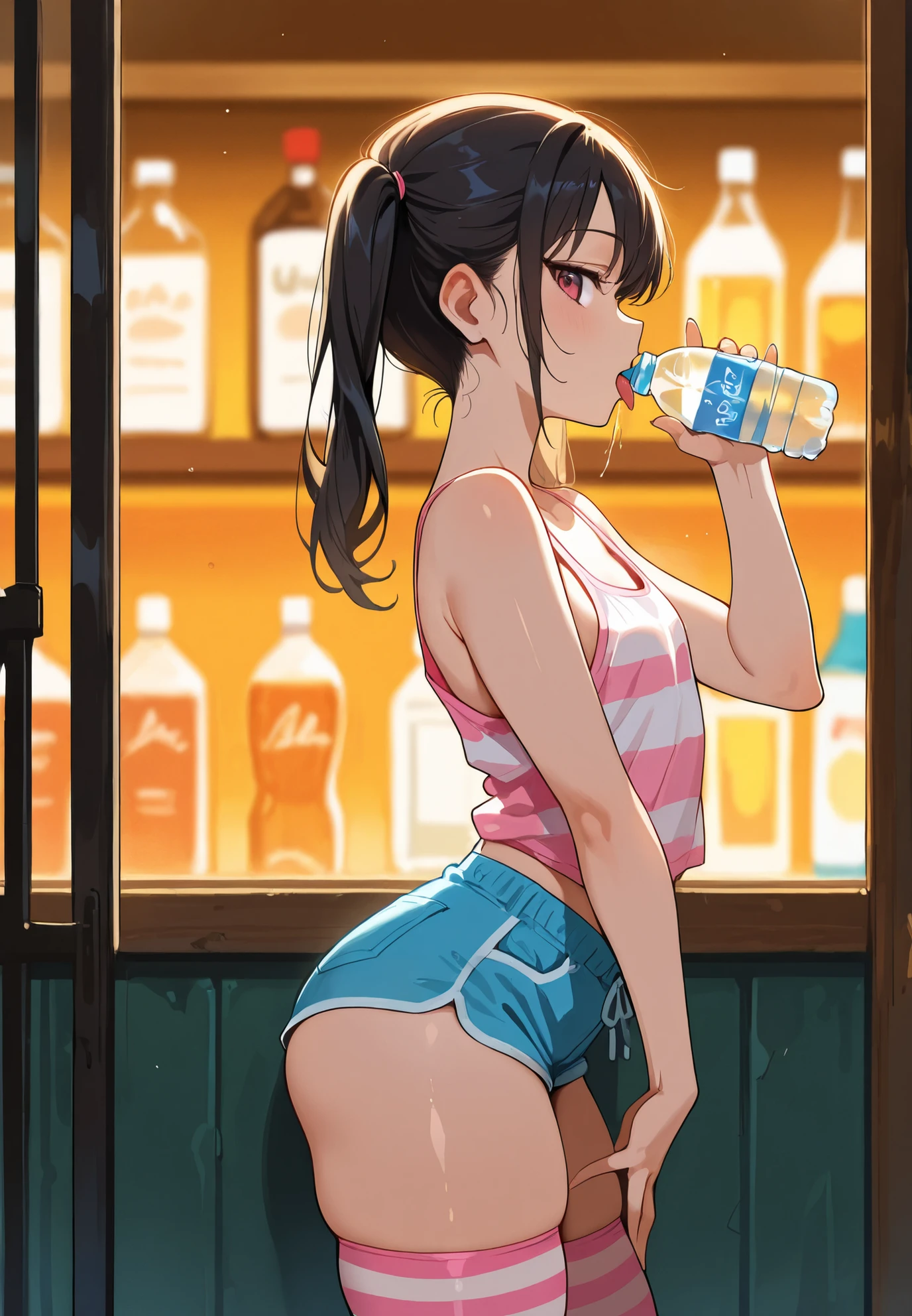 1girl, a girl drink a glass of water, from side, wearing a bra , from side, fridge, inside of the room