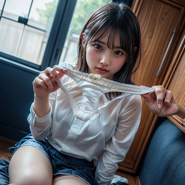 Highly detailed CG Unity 8k wallpaper、highest quality、Ultra-detailed、masterpiece、Realistic、Photo realistic、Highly detailed cute girl、18-year-old、Sitting 、A sophisticated gravure idol、Young Gravure Idol、Young and cute gravure idol、Realistic Young Gravure Idol, Young Sensual Gravure Idol、Young and skinny gravure idol、(High school students in Japanese uniforms)、(Skirt rip)、(Lift it yourself)、低いangle、blush、Red lips、Looking at the audience、Semi Body Shot、(A large number of people)、(Crowded school shoe locker)、(Japanese high school uniforms and designated shoes)、(Dark Blue Blazer:1.2)、(Checked skirt:1.5)、(White shirt for students)、 (Long tie:1.2)、(Light brown random hair)、(White panties)、(Camel Toe)、(Black Loafers:1.5)、(Beautiful Face:1.3)、(Perfect Proportions:1.2)、(Long legs:1.2)、(Small Tits:1.3)、(Panties visible under the skirt)、(Textured skin)、(Japan is wet with rain)、Crying face、((Wet your hair、Wet skin))、exterior々angle、(濡れたWhite pantiesー)、Sexy look、Dark Blue Cardigan、Evening sunlight、Selfie、I can see your pants、I can see your pants、((Sexual pose:1.5))、((Show me more panties:1.5))、
