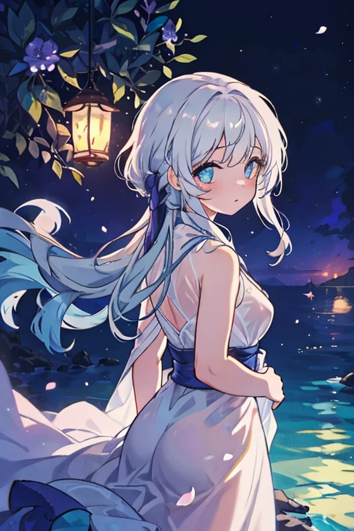 1girl,white hair, blue eyes, long wavy hair, thin waist,white nightgown,whole body,
A girl floating on her back in water, her hair spreading on the surface of the water, an incredibly wide lake, a calm water surface, night, a ãbig starry sky reflected on the water surface, a beautiful starry sky, many constellations, from the side,Look at the sky,beautiful and detailed starry sky,straighten your body,Beautiful fingers