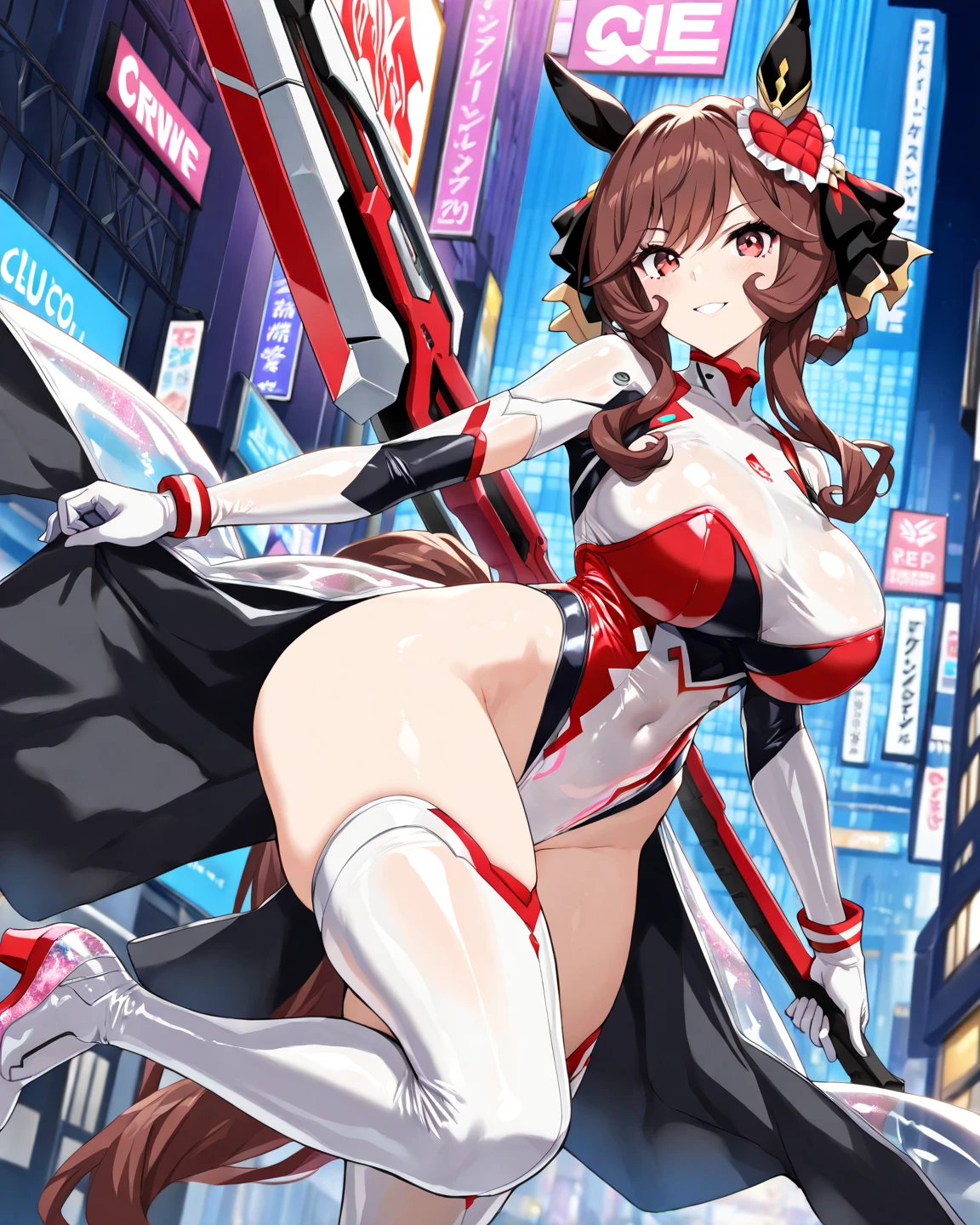 (tuxedo jacket), (light blue leotard), smiling(short height)(young girl), (black bunny ears), (huge round breasts)(big boobs), narrow waist, belly button, narrow hips, (bare hips), (thin legs)(bare legs), (narrow thighs), (white high-heel), (reddish brown ponytail)(white ribbon), nightscape, city lights, (Highly Detailed CG Unity 8K Wallpaper) (Better Quality) (Better lighting)