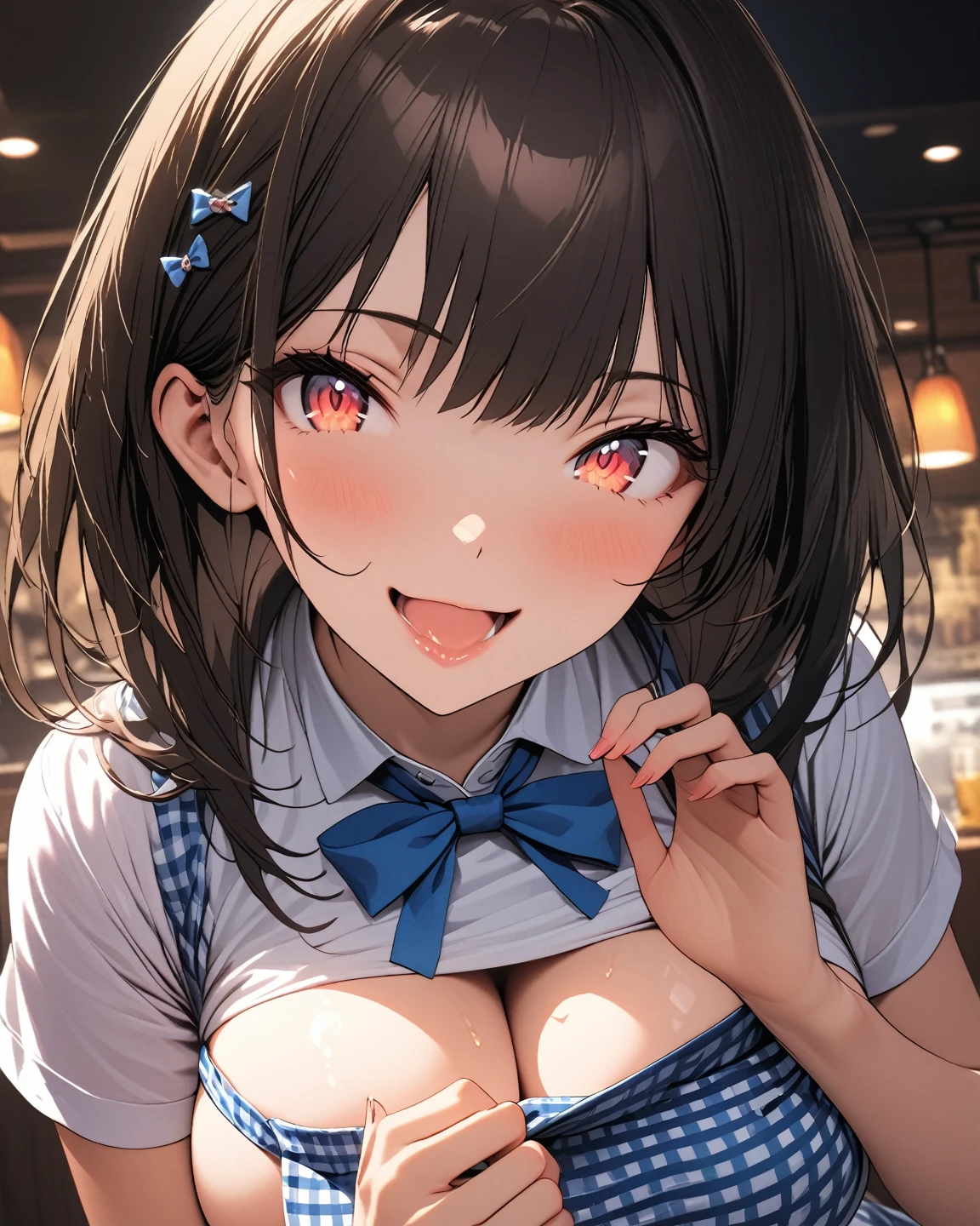 (Highest quality:1.2, Very detailed, Ultra-high resolution, masterpiece:1.2, Light color, Soft Focus:1.3, Best aesthetics), (((1 girl))), Beautiful woman, , JK, Body net, translucent, Charm, Detachable collar, Dress Lingerie, (Black Hair, ponytail, Red eyes), (Hand waving pose:1.4), smile, Stick your tongue out, Detailed eyes, delicate, dream-like, Surreal, Nightclub, bar counter, Ahegao:1.4, Soft Light, A graceful gesture, Shallow depth of field, Bokeh:1.4.