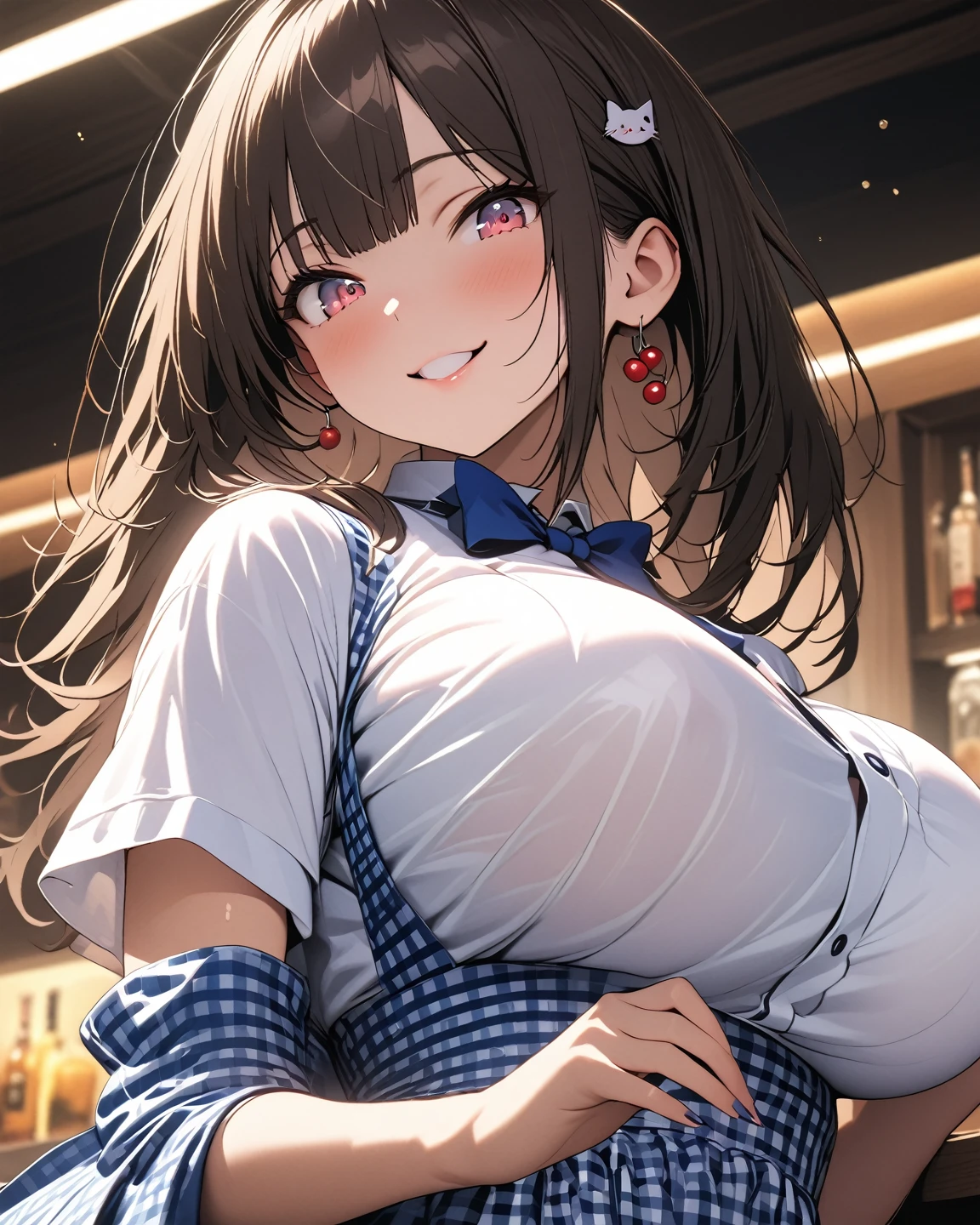 (Highest quality, 8K, 4K, High resolution, masterpiece:1.2), Very detailed, Anime Style:0.9, Realistic, Bright colors, Written boundary depth, Blurred Background, alone, 1 female, (Black Hair, short, Cut straight、Straight bangs, Dark brown eyes), Beautiful facial details, Beautiful Eyes, Long eyelashes, Soft lips, (Small face), (smile:1.3), Rear View, ((Playboy Bunny, Fishnet tights:1.2, Bunny ears, High Leg, High Leg leotard, 白leotard:1.1, leotard)), bar, night club, night, (Spread your legs wide on the table)。(Lie on your back and hold your legs)、(Lewd pose that emphasizes the pussy), Big cleavage,Nipple slip, Large areola, Shaved pussy, Erect nipples,A tense and embarrassed look, Sweat, Blushing, My body is soaked,
