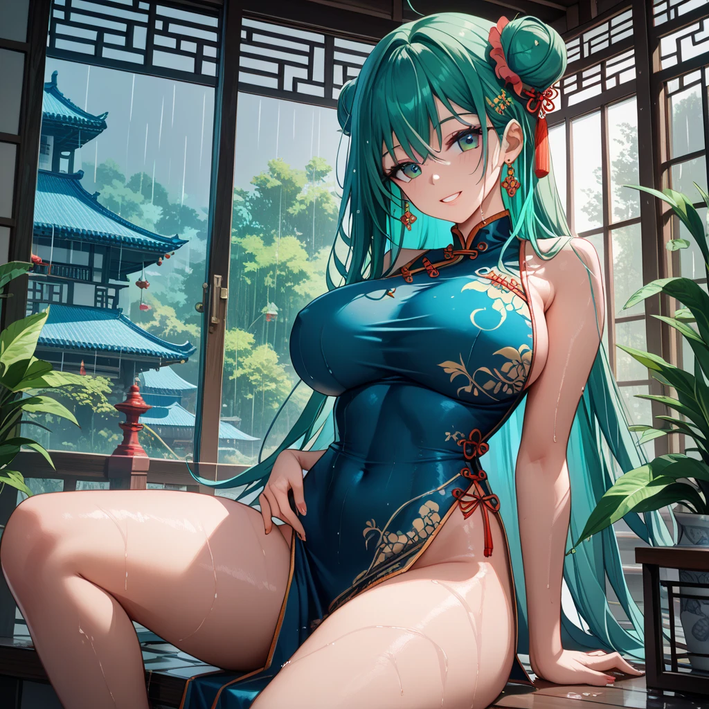 A girl with long blue hair covering one eye, emerald green eyes, and exposed breasts in a cheongsam