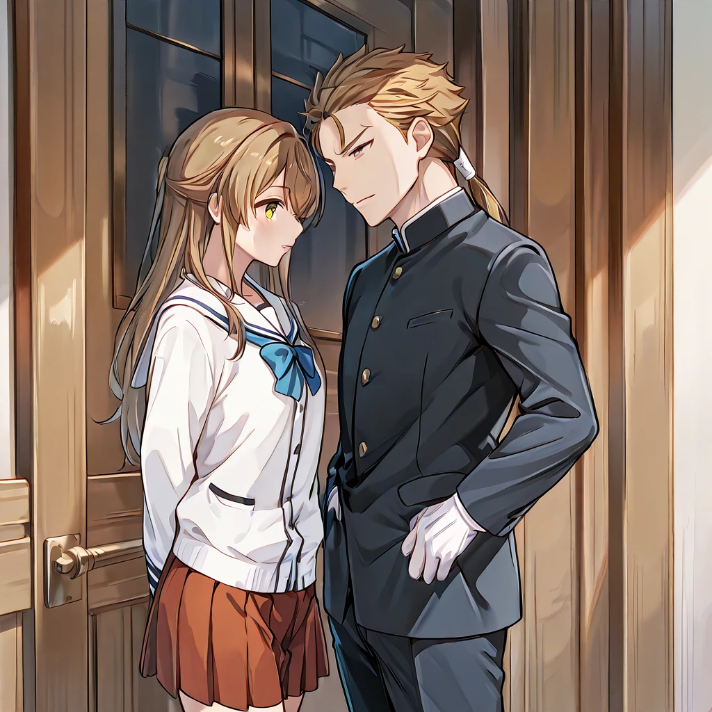 The man hugged the girl from behind,Hands reached into the girl's chest,Lift the girl's legs,The man is rude and cunning,The girl is wearing a skirt,Shy,His face was flushed,
