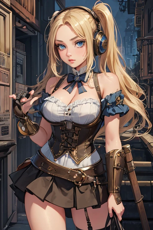 (((masterpiece)))、((top-quality))、(The ultra-detailliert)、(CG Illustration)、(Very Beautiful Little Girl))、Cinematic Light、((1 Mechanical Girl))、 scientific fiction、Apocalypse、Erotic grotesque、research institute(Beautiful and indulgent:1.2)、(1girl in:1.3)、Facing the front,a blond,Corset Belt,blue high waist skirt,, love, smirk, , inviting smile,