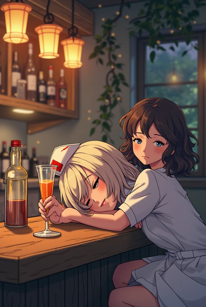 ((best quality)), ((work of art)), ((detailed)), man with short white hair, sitting at a bar table, with two women wearing white dresses, one woman with brown hair and bangs, and another woman with blonde hair.