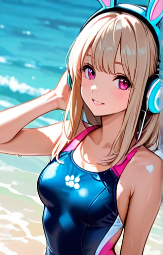 ((Top Quality)), ((Masterpiece)), ((Details)), perfect face, perfect body, sitting by the beach, listening to music, wearing headphones, wearing swimsuit, transparent swimsuit, wearing clothes exposing tight hips and breasts Woman with face visible, sitting with legs apart
