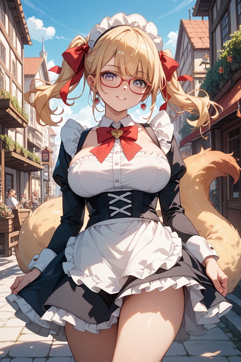 animal nose,hairy,(best quality,4k,8k,high resolution,masterpiece:1.2),super detailed,actual,photoactual:1.37,girl,Dressed in lace and ribbons,fluffy and shy fox girl,beautiful masterpiece quality,Delicate gray eyes,medium length, glowing eyes, shiny hair, maid outfit，红色短发狐狸hairygirl, fluffy hair shy, beautiful red eyes, wear glasses, very fluffy tail, big breasts, bow on hair, 17 years younger, happy , young body, 好girl, wearing a skirt, street, 可爱的big breasts, Blushed, want to be loved,