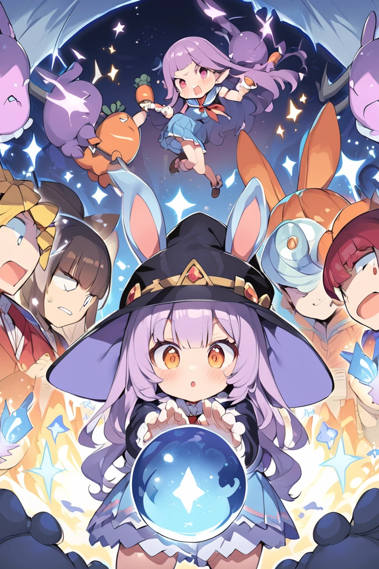 best qualtiy、Angle from below、1girl in、sideways Facing、Baby face、Smile with open mouth、Cute Wizard、Round cute eyes、big eye、Sauce order、Beautiful purple eyes、Rabbit ears、Wizard's Clothing、The wizard's big wand、Colossal tits、cleavage of the breast、Wizard Hat、Perch Pose、simple background、