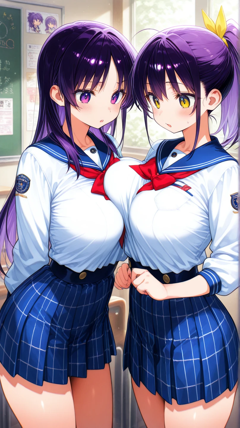 highest quality,wonderful,finely,extremely detailed CG Unity 8K wallpaper,(3 girls, Sailor swimsuit, Black Hair, Glasses, blue eyes,Twin tails),(blindfold), (huge breasts, Erect nipples),(grabbing another’s breast:1.3) ,(black stockings),(Thighs),(Waistline),Oily skin, Glowing Skin