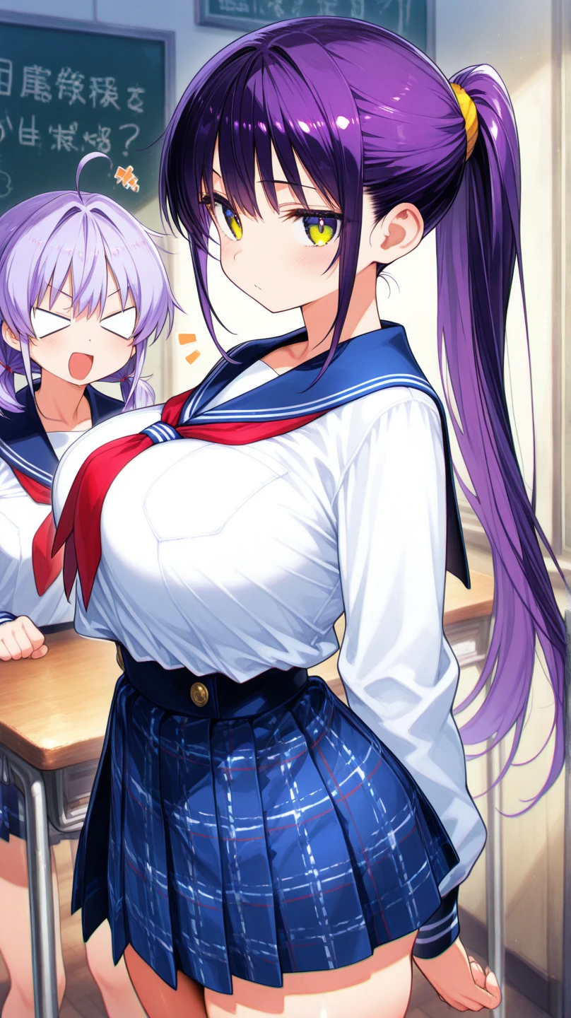 ((masutepiece)), VERY classroom interior detailed scenario, VERY crowded classroom detailed background, Insanely hot standing (woman 1) Use something sexy ((School uniform)), （Gray hair color Short hair）、（Indigo eyeole under the mouth）,（Big breasts）、 (Big ass), (thick thigths), (fear expression), blushed face,woman grabbing woman 1 from behind,(((woman pressing her chest on woman 1 back))) And (((woman holding her waist behind her))), panties that are floral and pink panties,grabbing another’s breast,sex