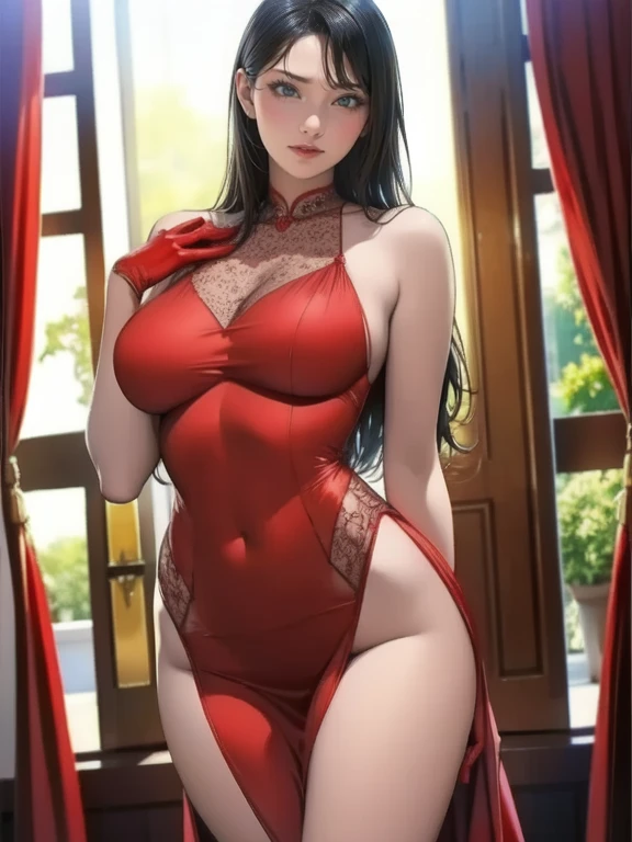 (masterpiece, best quality, detailed illustration, high resolution), ((1girl, solo)), ((huge breasts, slim waist, long legs, fit body, toned body)), ((black hair)), ((red dress)), ((full body, closeup view)), ((standing)), ((looking at the viewer, facing the viewer)), office setting, ((tan skin, tanned skin)), oiled skin, ((large breasts, mature woman, mature female, mature lady)), ((straight hair)), (detailed eyes)
