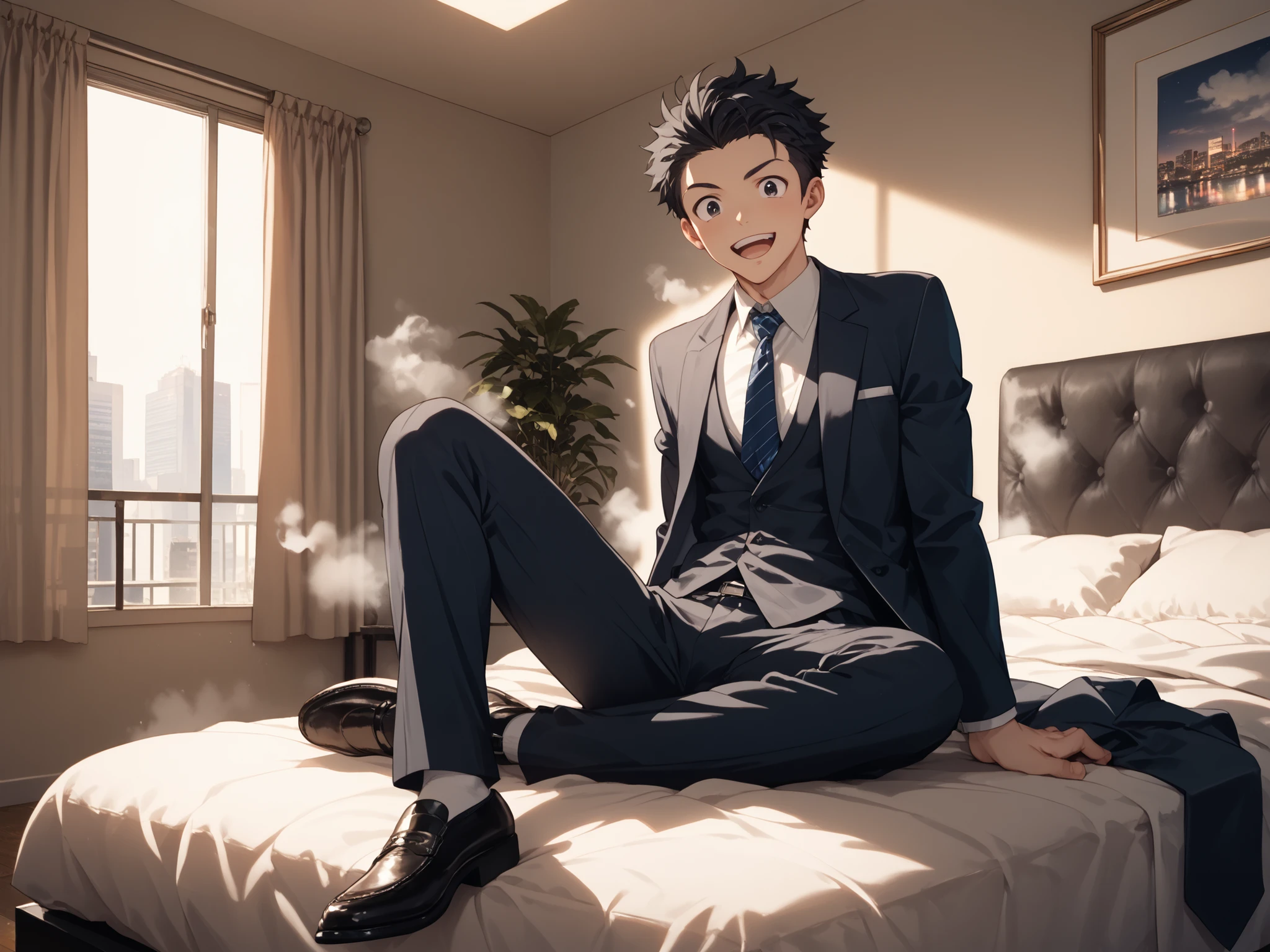 hyper detailed, hotel, man, steam texture, excited, sitting, looking at viewer, black hair, black eyes, sanpaku, wheatish skin, tall, slim, suit, underwear, necktie, inside, in the bedroom, with a bed, at night, cel anime, full body shot,勃起ペニス
