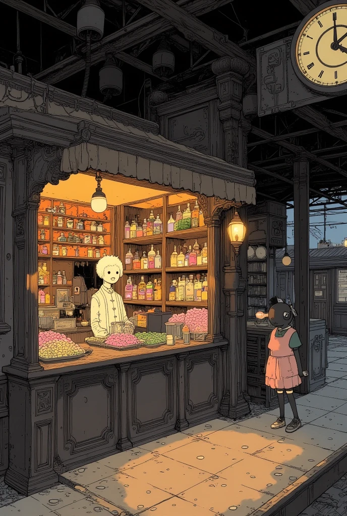 close up shot : 1.6, from above, A very small store in a corner of the station. Mini Shop, Candy Store, night, gives depth and openness to scene, depth of field, background blur, high resolution, masterpiece, accurate, top quality, high resolution model, high detail, beautiful detail, high resolution, 32K, realistic Rendering, Ultra Realistic Detail, thin body, Stylistically diverse, digital illustration, 