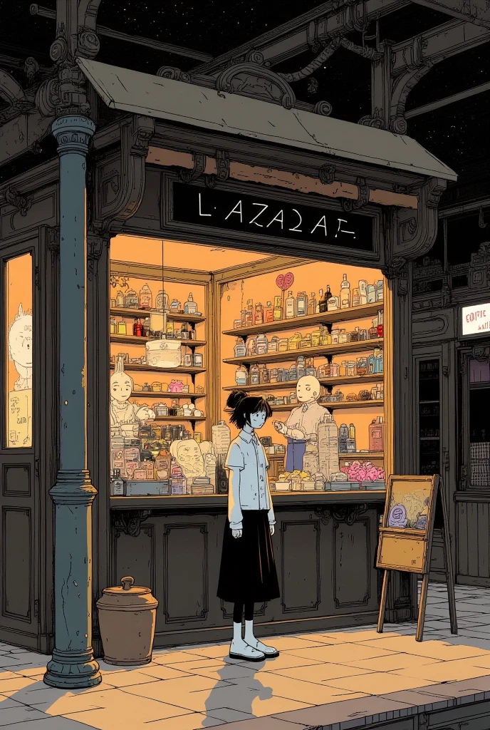 close up shot : 1.6, from above, A very small store in a corner of the station. Mini Shop, Candy Store, night, gives depth and openness to scene, depth of field, background blur, high resolution, masterpiece, accurate, top quality, high resolution model, high detail, beautiful detail, high resolution, 32K, realistic Rendering, Ultra Realistic Detail, thin body, Stylistically diverse, digital illustration, 