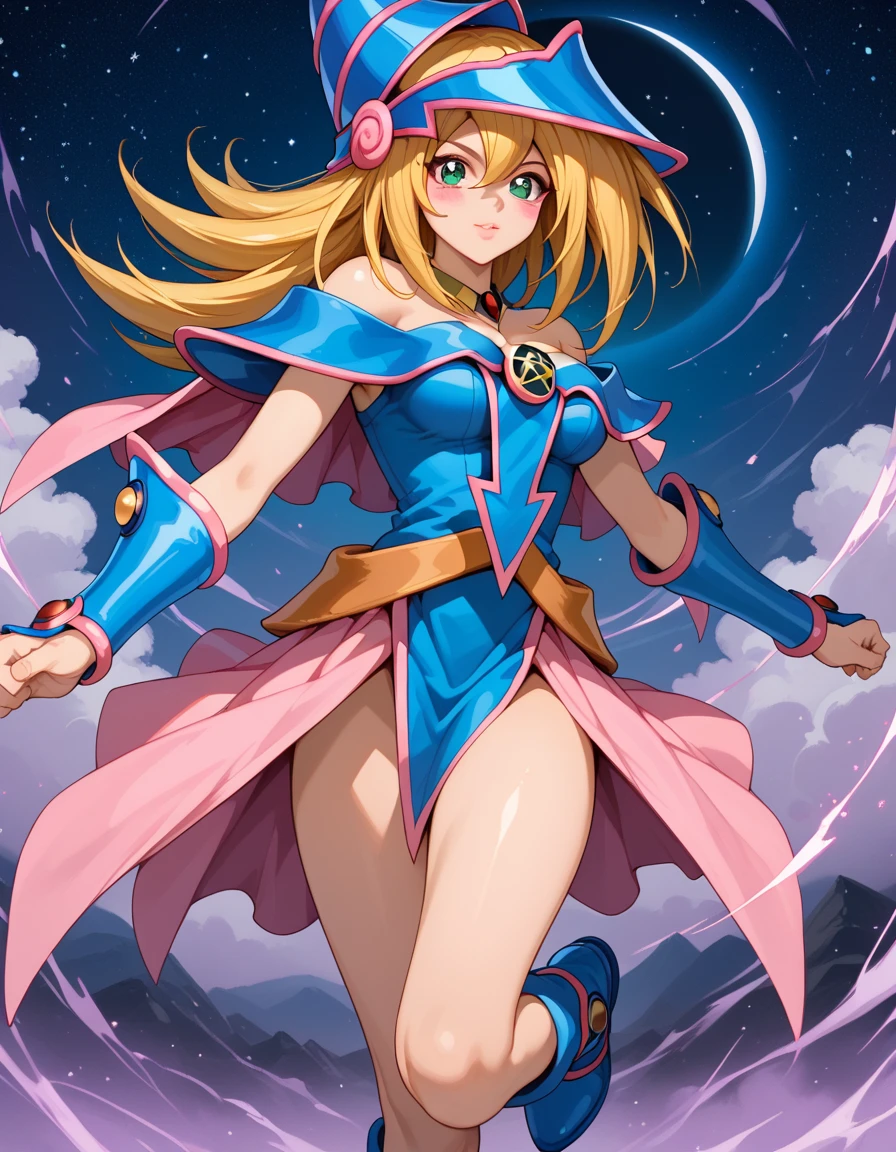 Black Magician Girl、super breasts、thick thighs、blonde hair、magic circle、8K, 4k, highest quality, High resolution: 1.2),winking、Nipples exposed、cute anime face、Pink blush on cheeks、noise removal、Leotard that bites into、have a cane、Hold your cane、Rear view、Turning around、full body portrait、T-back that digs into your butt、Glowing green eyes、Laughter