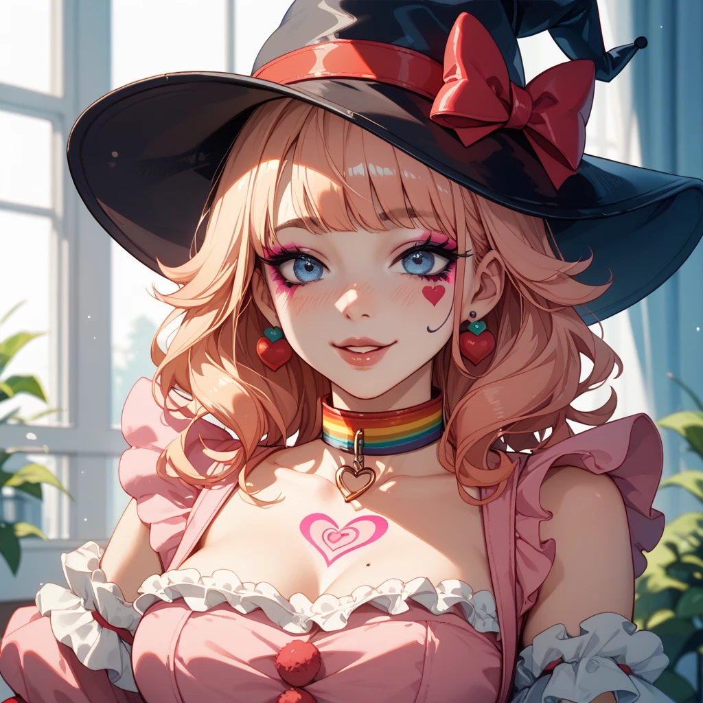 ((Masterpiece)), ((Best Quality)), ((Best Quality)), (Illustration of one girl), Long pink hair, (((Tall)), (White skin), Gray eyes, Blue eyeliner, ((Makeup with heart around left eye)), ((Tuxedo)), ((Top Hat)), (Clown), (Circus)
