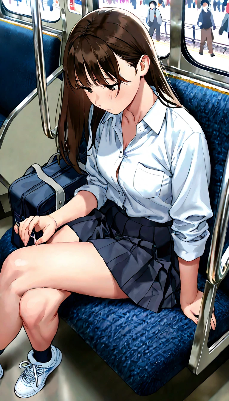 Best Quality, masutepiece, 超A high resolution, (Photorealistic: )2D official style cel animation、Recruit suit、a miniskirt、pencil skirts、タイトa miniskirt、Open the front of the light blue dress shirt、Sitting on a train chair、Lace Bra、Lace panties,teats,tits out、Black hair straight、A slender、skinny、Highlight the eyesOpen your legs to the left and right