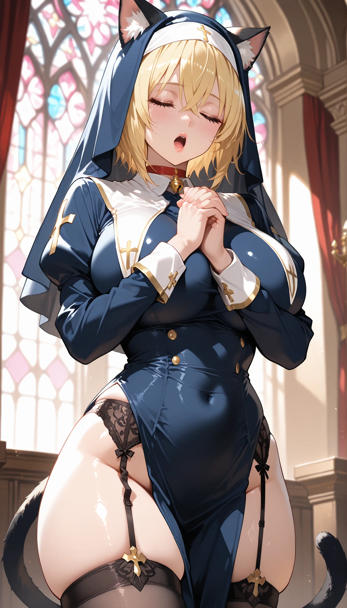 (masterpiece, best quality:1.2), cowboy shot, solo, male focus, 1boy, ggbridget, smile, looking at viewer, hand on hip, habit, nun, (fingerless gloves:1.1), cuffs ,indoor,thigh gap,(((nsfw)))