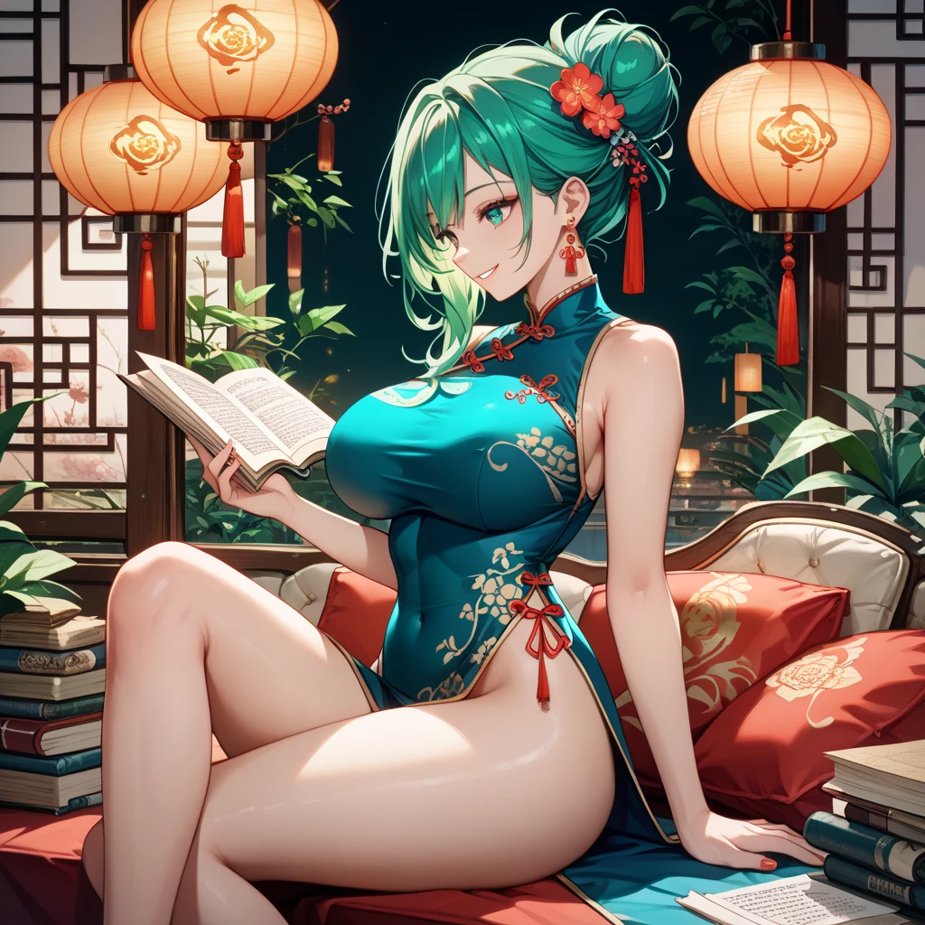 Masterpiece, Best Quality, (((Solo mature woman Janet))), (((platinum blonde hair))), long braided Ponytail, (((wide hips))), (((light blue eyes))), full lips, seductive smile, cleavage, sitting on wooden throne, (((bookshelves, candles))) sunset, blushing, , "beautiful mature face" , age30 , MILF , adult ((open kimono with detailed patterns of gold)), bare shoulder, ((Sexual suggestiveness)), perfect beautiful eyes, detailed eyes. thick lips, ((big boobs)), (Thick thighs), top down, looking down, (((shiny skin))), (((chubby))), (((crystal Ball)), necklace, bracelets, hoop earrings, (((European Face))), ((Oiran)), Japanese Clothing, Boobplate, obi, intricate, eye shadow, floral print, hairpin, lipstick, make-up, red lips, sarashi, kiseru, kanzashi