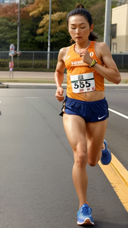((Top Quality)), ((8K)), ((Masterpiece: 1.3)), (Perfect Appearance), (Photorealism: 1.6), (Japanese woman jogging: 1.6), (clear background), (Beautiful jogging form with a straight spine), (running with one's back straight), japanese woman, (48 years old), ((Standing upright, facing forward, center of screen)), ((Realistic skin texture)), (Fine wrinkles throughout the skin: 1.3), (Dull skin: 1.1), (Skin without moisture: 1.2) , (Wrinkles on the face: 0.9), (Wrinkles on the corners of the eyes: 1.2), Double eyelids, tear bags on the lower eyelids, (Crying moles: 0.9), The gaze is directed here, (Dimples: 1.2), straight medium length, ponytail, hair blowing in the wind, Sun visor, Functional T-shirt that fits your body perfectly, T-shirt damp with sweat, Wear shorts over running tights, running shoes, center of screen, (whole body),