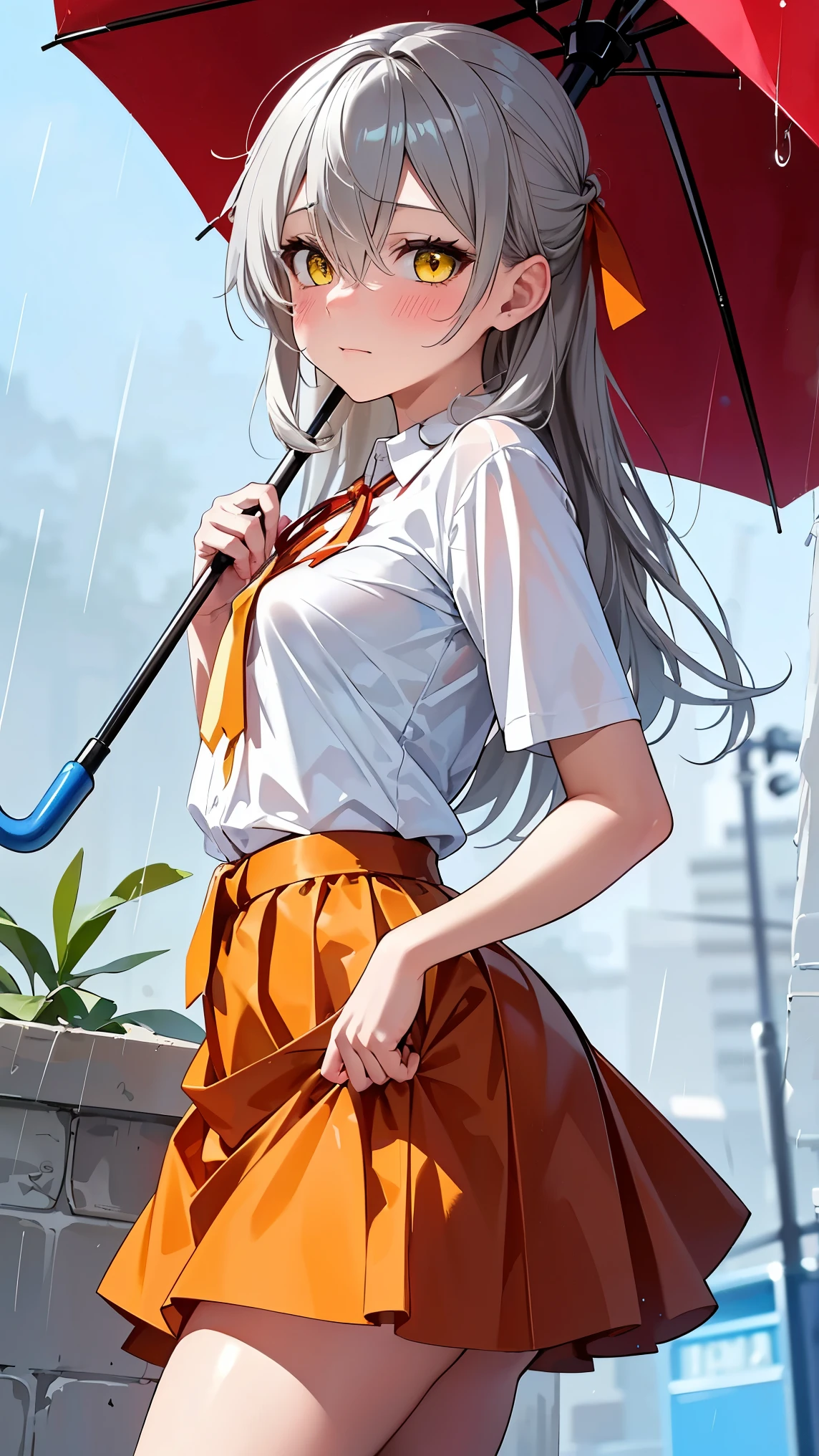 8K (high resolution) (Super Detailed) (masterpiece) (Top quality) Detailed eyes Detailed face Detailed hands Delicate hair detailed wrinkles on clothes very elaborate body to hold a guitar Fine Skin (solo) early yellow eyes (Grey Hair) Long hair One Tie bungs red ribbon on the side of the head (small ) Flushing cheeks embarrassed expression blouse Yellow skirt that also holds an umbrella It rains composition from an oblique bottom