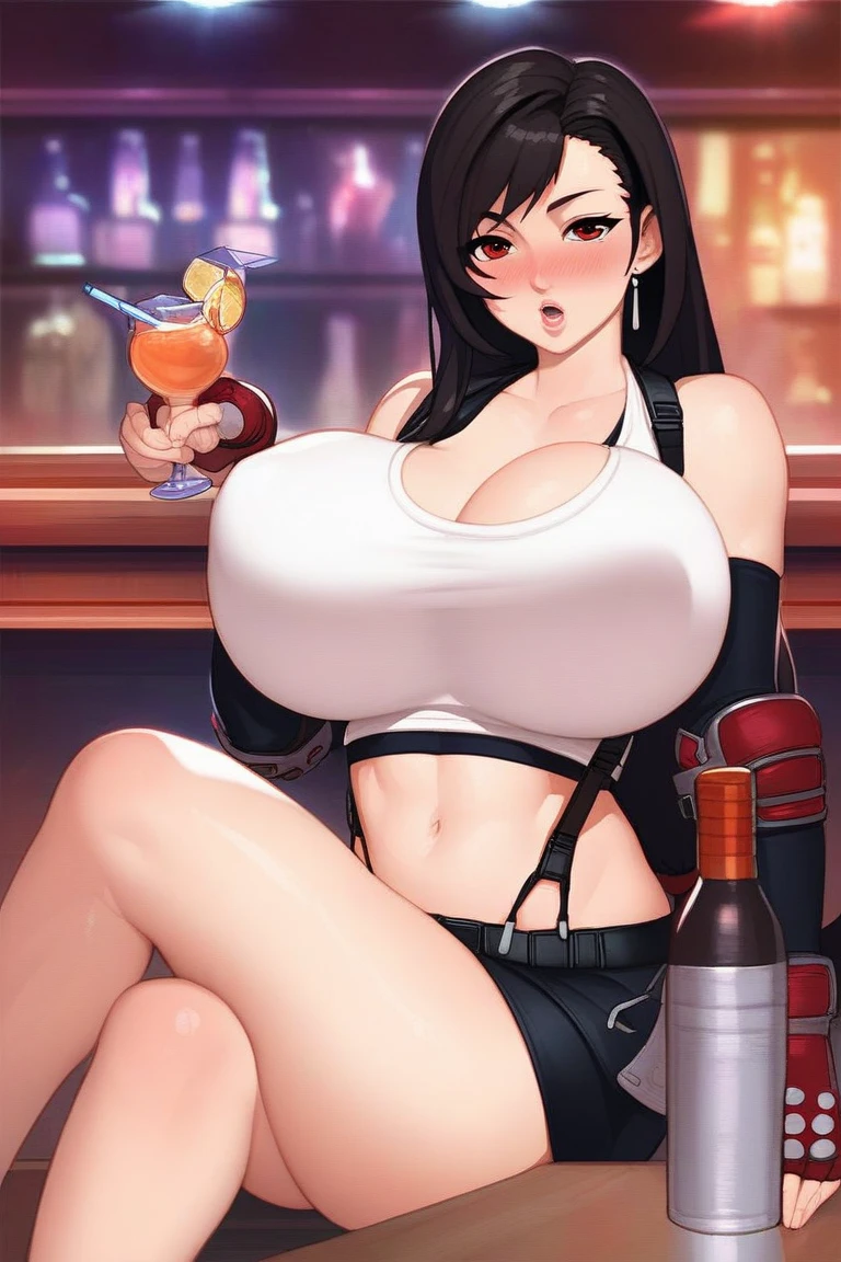 score_9, score_8_up, score_7_up,score_6_up, score_5_up, score_4_up , (hyper breasts:2), large areolae, 1girl, solo, HolliW, holliw, (dark skin:1.4), makeup, black hair, (dreadlocks:1.2), thick eyebrows, makeup, White Dress, White leotard, see-through, white choker, thigh boots, sitting,crossed legs, bar \(place\), neon lights, light particles, annoyed, half-closed eyes, dim_lighting,