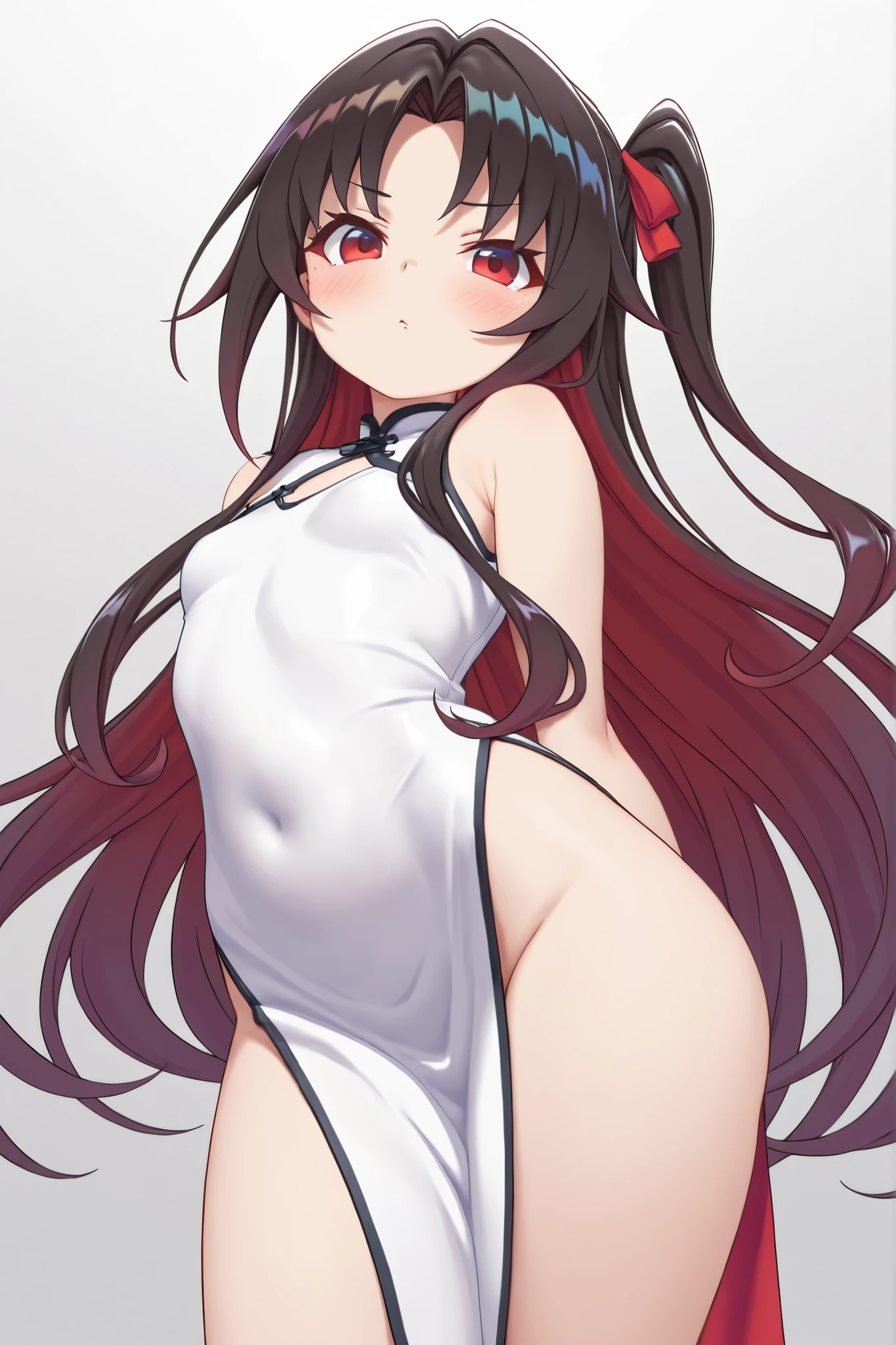 anime artwork, score_9, score_8_up, score_7_up, score_6_up, score_5_up, score_4_up,sparkle \(honkai: star rail\),1girl, twintails, black hair, medium breasts, red eyes, red eyeshadow, fox mask, , , , , she is 24 years old, , ,horny, style_3, floox style, . She has fluorescent pink eyes with tiny black dots under each of her eyes.. naked, , naughty smile, , grey background, standing, open towel, nude,naked, nipples, pussy,