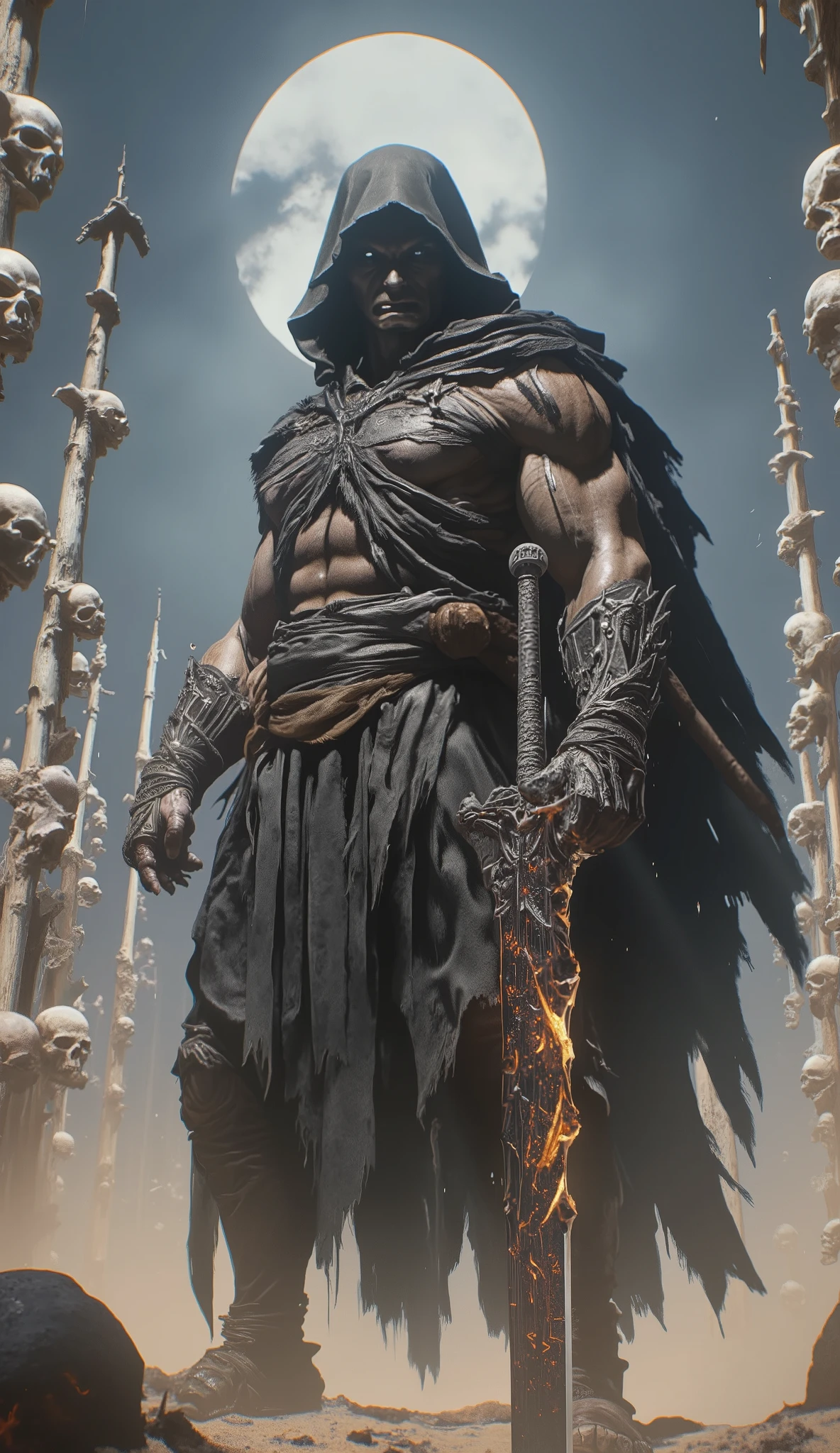 A kinetic cinematic eerie digital painting of a powerful dark fantasy warrior standing in a desert of ((skulls impaled on tall spears)), wearing a tattered black hooded cloak, muscular arm exposed, dark enchanted armor with intricate demonic engravings, ((holding in his right hand a massive jagged obsidian sword with glowing runes)) , ominous stormy sky above, ((low-angle perspective from behind the skulls)), cinematic composition, hyper-detailed, 128K resolution