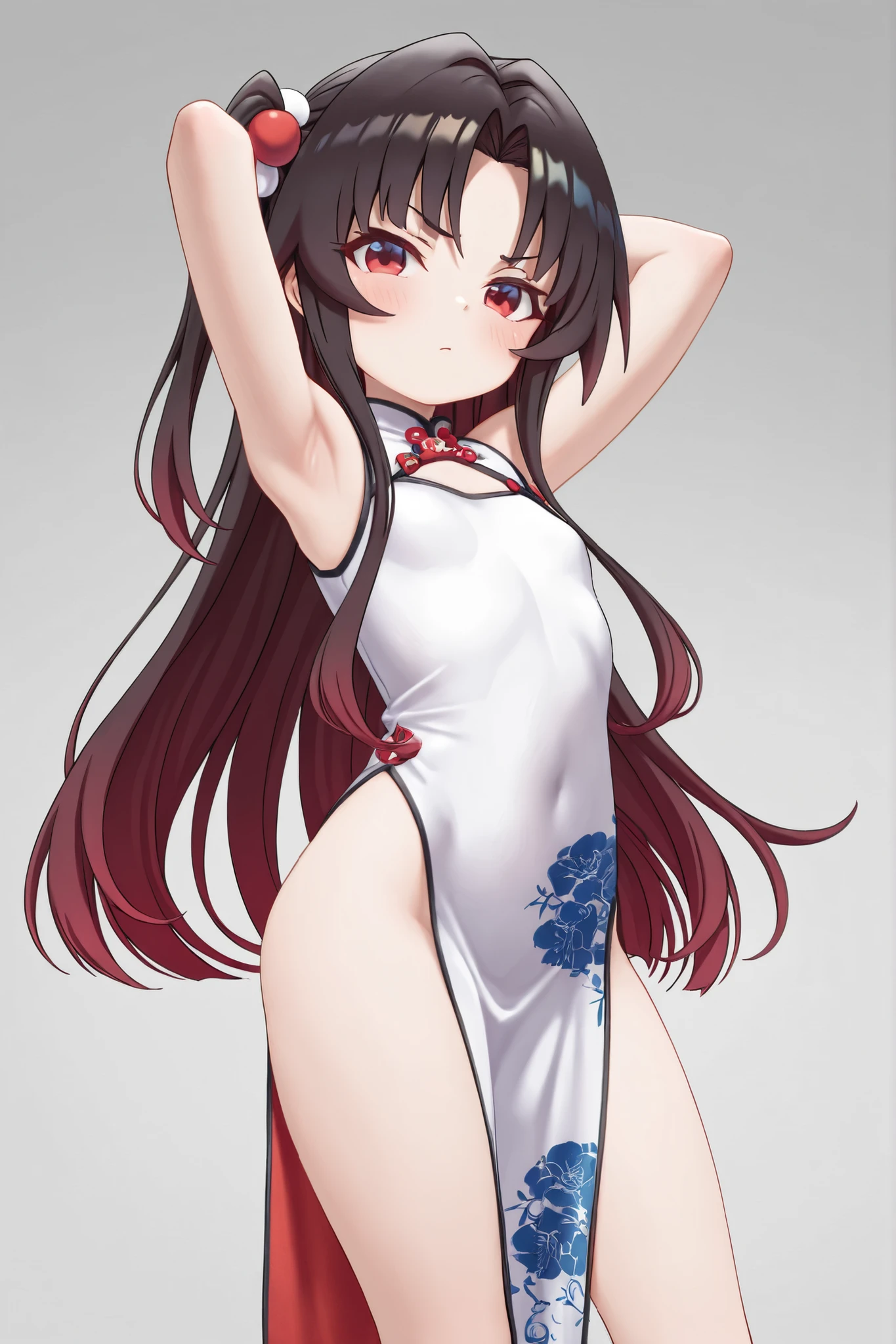 best quality, masterpiece, highres, solo, {hu_tao_genshin:1.15}, brown_hair, long_hair, red_eyes, symbol-shaped_pupils, twintails, bangs, flower, flower-shaped_pupils, smile, blush, hair_between_eyes, breasts, very_long_hair, black_nails, hair_ornament, plum_blossoms, hair_flower, 1girl, looking_at_viewer, chinese_clothes, open_mouth, dress, china_dress, nail_polish, simple_background, sleeveless, bare_shoulders, upper_body, white_background, ring, sleeveless_dress, alternate_costume, jewelry, teeth