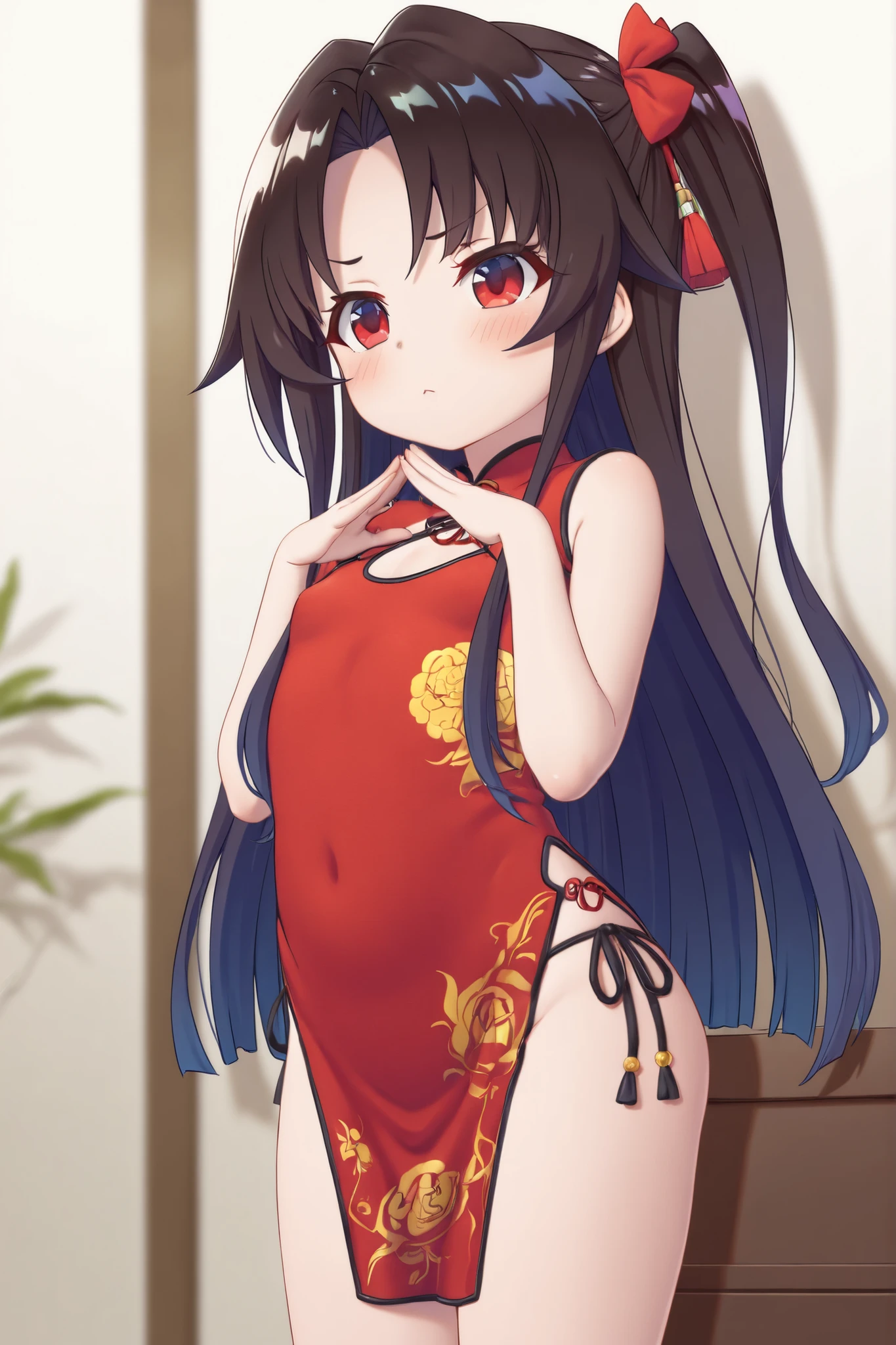 serika_bluearchive,one girl with long twintail bun hair, skirtlift,looking at viewer, expose her camel toe,little smile,chinese dress, flower pattern, sleeveless, outdoor, festival, temple, slim, dizzy, big-chest, wide hips, perfect waist, day atmosphere, hair ornament, standing, upper body,