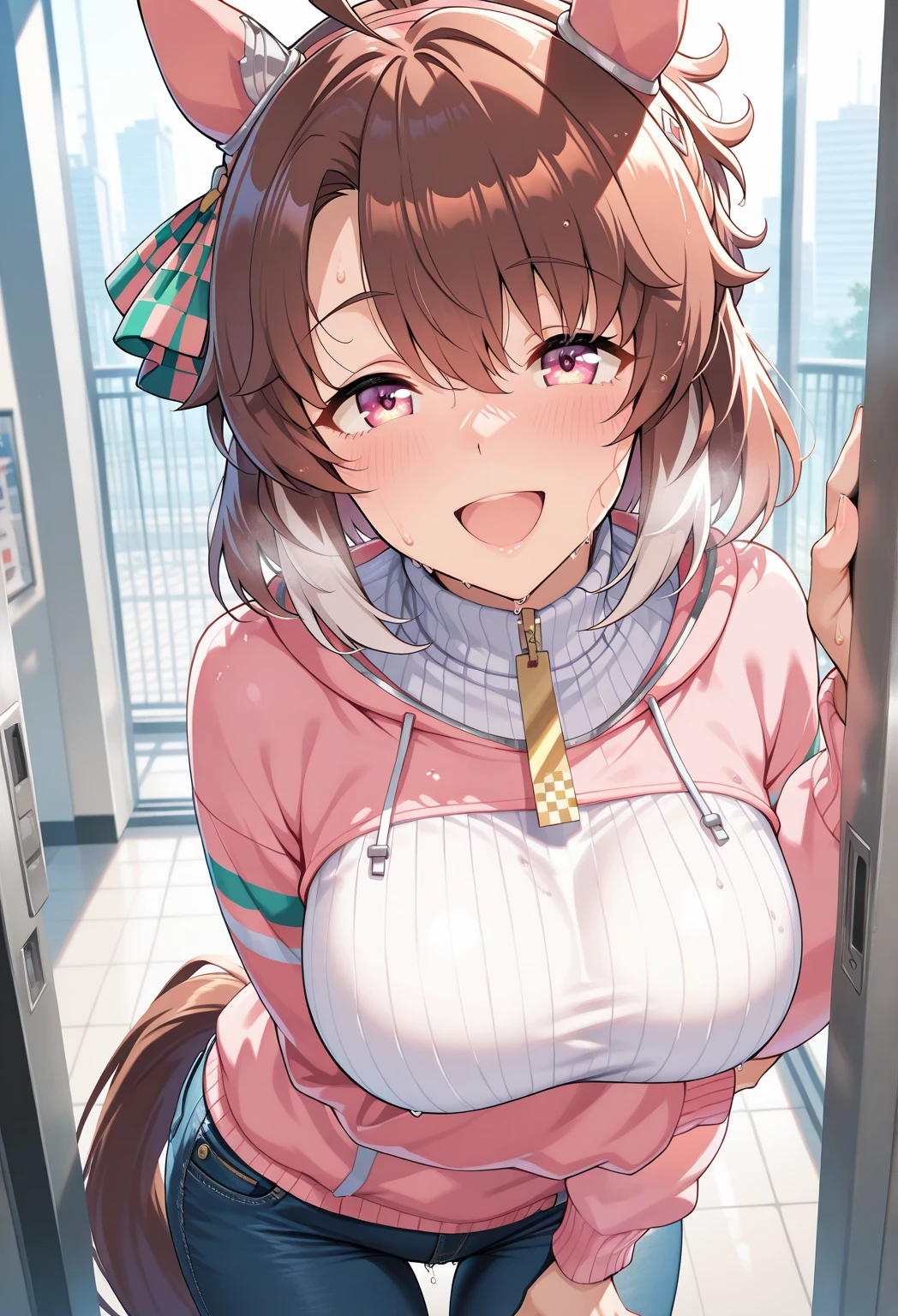 1girl,dantsu_flame\(umamusume\),horse tail,horse ears, pink clothes,mini skirt,(woman feet apart).front view,straight-on,i can see red latex panties,((cameltoe)),sincos,ai-generated,,beautiful eyes,masterpiece,best quality,highres,4k,8k