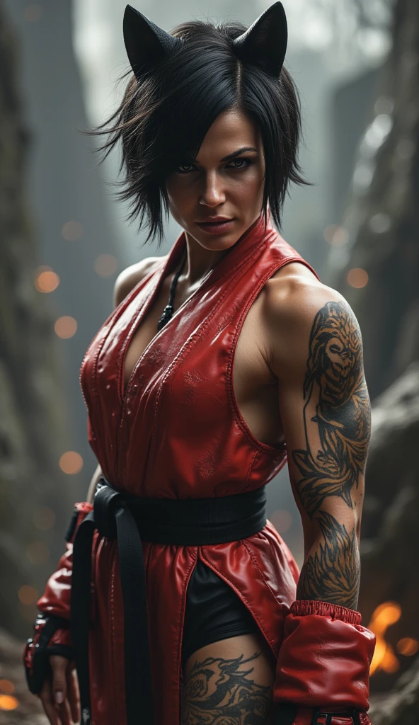 A Japanese woman who kills without blinking at a martial arts gym,barechested,Tattoo exposure,Japan Female Samurai,He was bandaged,angry look,Mixed Korean,The background is blurred out,focal,电影灯光,(((tmasterpiece))), ((best qualtiy)), ((Complex and detailed)), ((ultra-realistic realism)), Ridiculous resolution, A MILF, Mature woman, ssee-through, highly detailed, illustratio, 1girll, (huge tit), Thin waist and thick hips,long leges,beatiful detailed eyes, short detailed hair, brunette color hair, a purple eye, The movie killed Billy's character,Blood stained the Martial Arts Hall,The body was splattered with blood,The ground was covered with corpses,Hands clenched into fists,Put on a fighting move,Scarred figure,Bloody violence,Sexy and feminine,(No underwear),pantiess, detailed back ground, perfect eyes, Seductive eye, looking at viewert,