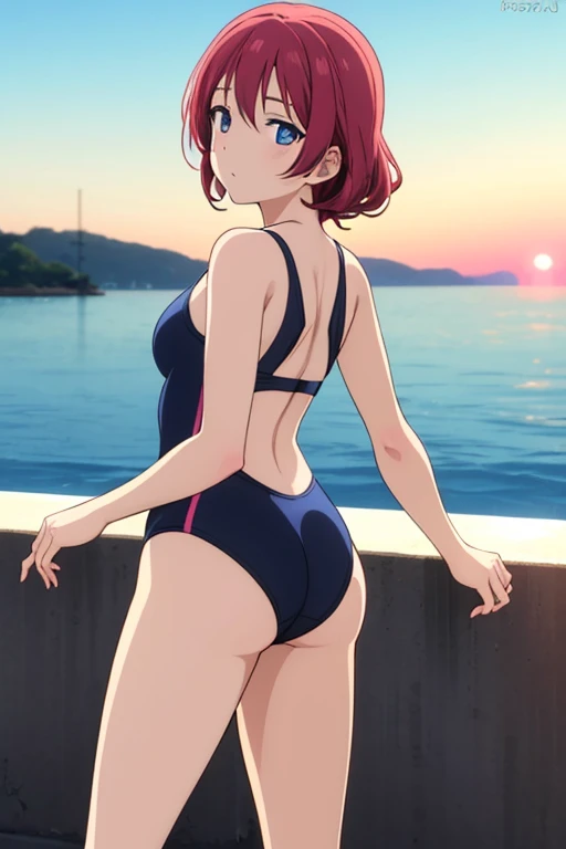 (Top quality, 8K, Masterpiece: 1.2), anime art style, Super detailed, Illustration, Yuigahama Yui's mother, 30's body, adult, Mature look, orange eyes, smile, between the eyes, 1 girl,　alone, large medium breasts , bun hair , shiny hair, focus only, dynamic Angle, looking at the viewer, (Swimsuit, leotard, beach, from below, behind, butt sticking out, blushing,Make your butt look bigger), in the center of the image,
