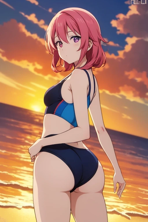 1 mujer, pelo rojo corto, con un dedo en la boca, ropa ajustada, busty, cuerpo definido, atletica, chile, colores de chile, cielo rojizo, atardecer, paisaje hermoso, alta calidad, 4k, hd, particulas rojizas, nsfw, nude