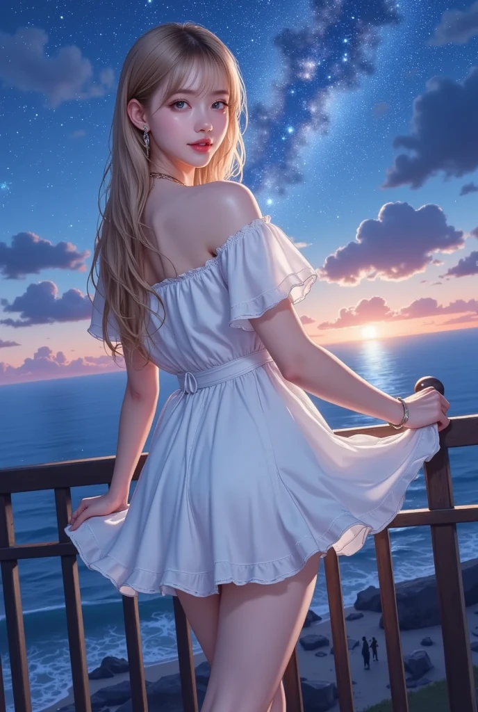 （（highest quality））， （（masterpiece））， （（Ultra Wide Angle）），night,woman、水The surface is like a mirror，Reflecting the sky。look at the sky，The Milky Way is in the sky,The surface is like a mirror，Reflecting the sky。look at the sky，The Milky Way is in the sky,(highest quality,4k,8K,High resolution,masterpiece:1.2),Super detailed,(Realistic,photoRealistic,photo-Realistic:1.37),Bright colors,Bokeh,landscape,colorful,Ethereal,Shining Light,Expressive characters,clear water,Nice views,Explosive Energy,Shine,sacred aura,Unleashed power,magical energy,8-head body model,Beauty,High resolution,High definition,Short Hair,全身のwoman,cherry blossomsが舞う,cherry blossoms,dress,