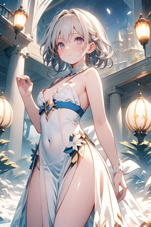 A 7 year old girl, kid, full naked, in Rococo Style room, beautiful face, hot body, petits, ancient Greece dress, topless, gray hair, smirking