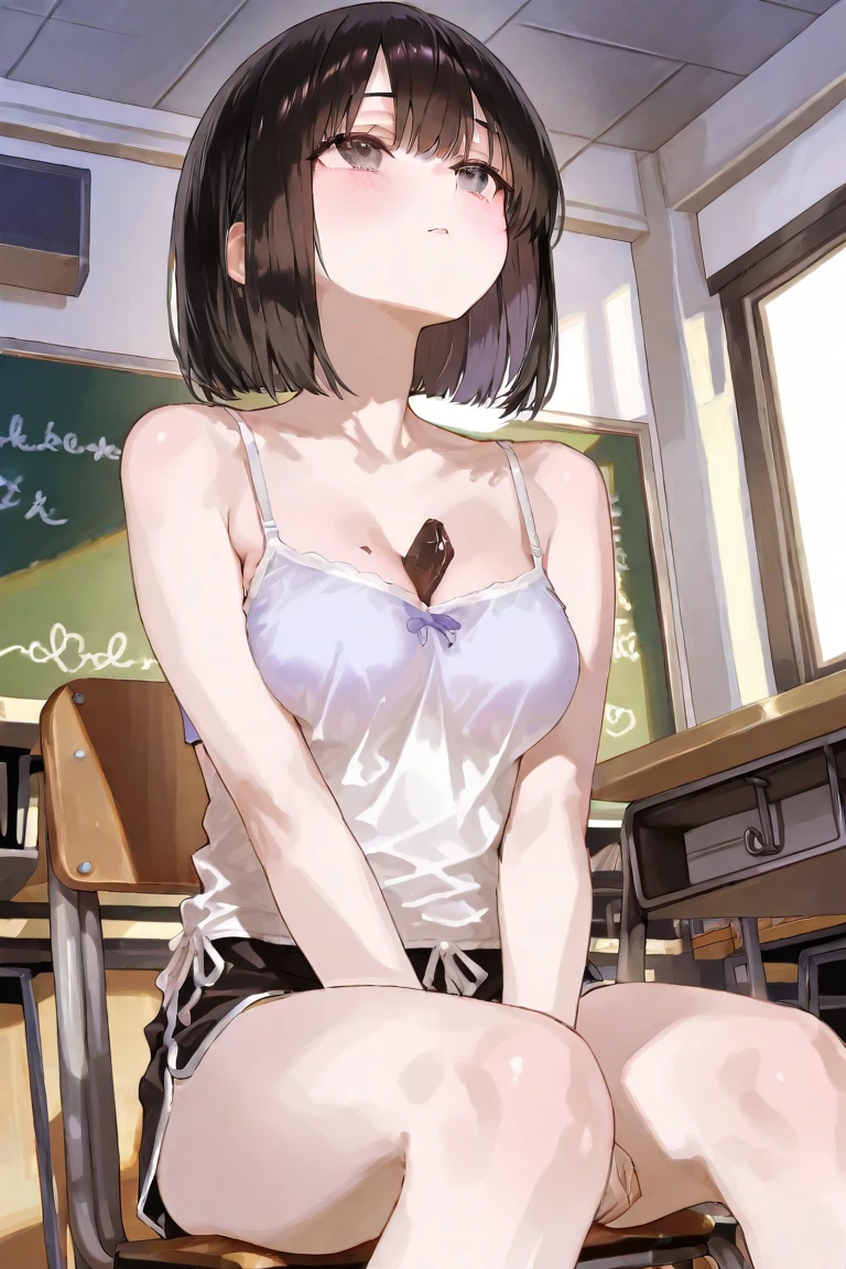 Throat exam, fully nude, no panties, detailed face, hands behind back, open mouth, small breasts, tilted slightly up (Sticking out tongue:1) Cute, troubled, nipples, black hair, black eyes, short hair, embarrassed, blushing, shy, hospital, sitting in a chair, medical examination 1.Man's face up, showing inside of mouth, drooling