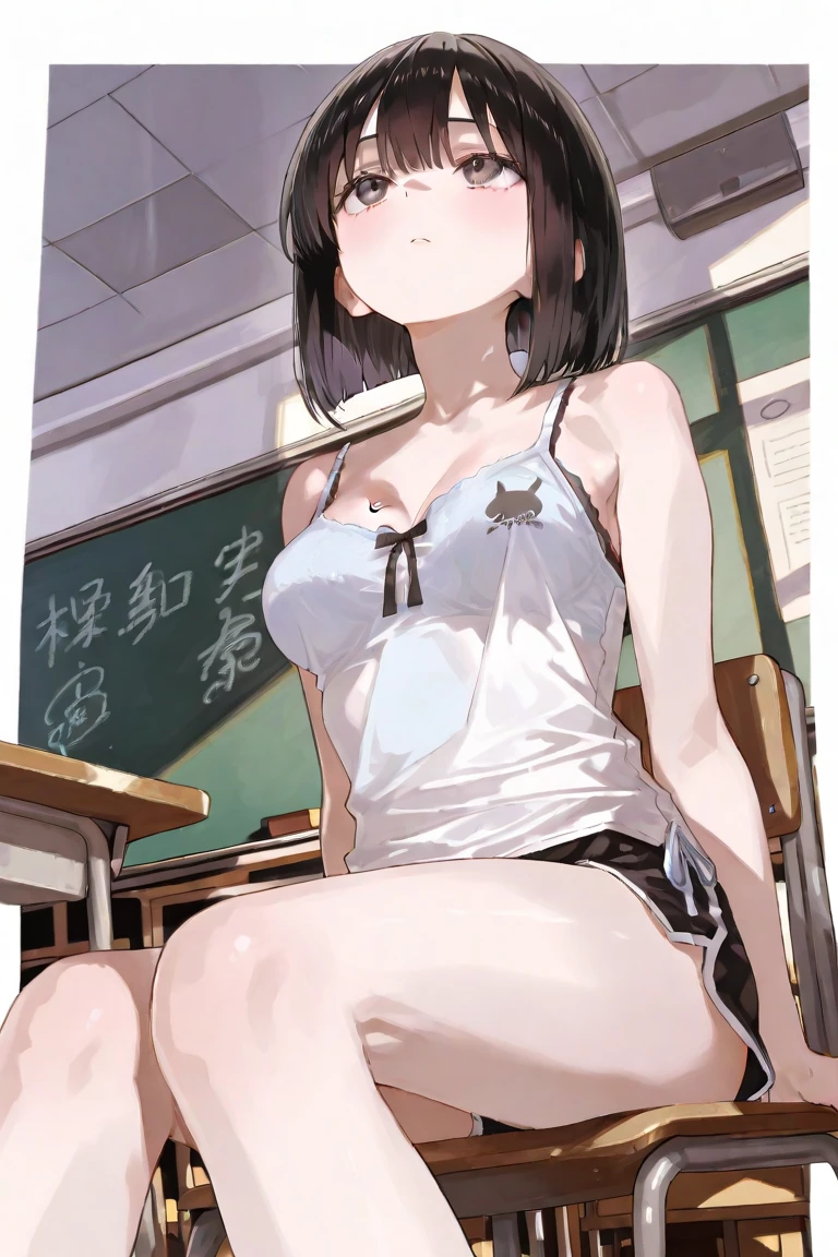 nsfw,alone, (One girl), Elementary school girl,8-year-old, (naked), 全naked、 sexy, (Cowboy Shot),  ((arms behind back)), classroom, With a girl：hair is black and short, Her face is round and cute。It&#39;s below the knee,The girl had a surprised look on her face, Joy and emotion.、With eyes wide open, Open your mouth, Tears were reddening her cheeks, The cheeks and hands are drawn large., Black Hair, short hair, (Are standing),(Shy, Embarrassing),((pussy,Female organ,Pussy)),from below,((sweat,Wet,sweaty)),