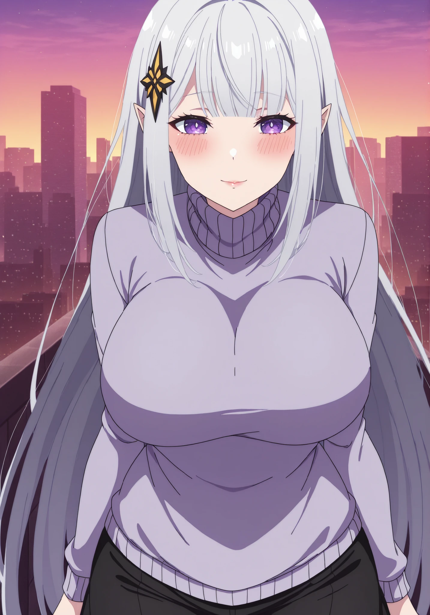 score_7_up, anime screencap, Solo, long dress, Satella, 1girl, Anime, 1girl, adult female, pointy ears, hair ornament, blush, silver hair, closed mouth, light smile, lips, purple eyes, Sexy, outdoors , front view detailed body, ( turtleneck sweater, black pants,) big breast, City,