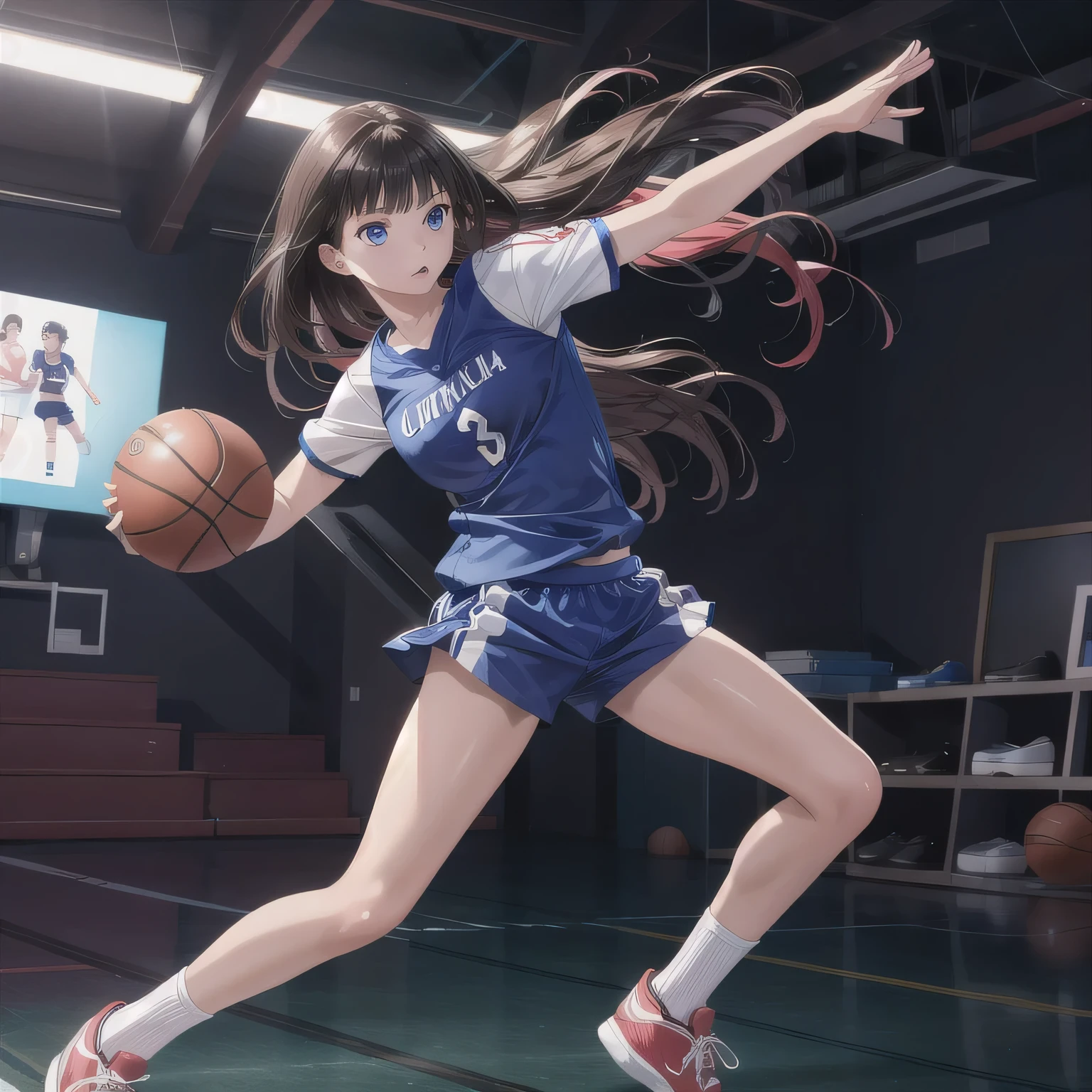 A young female basketball player makes a dynamic jump shot with elegance and control. She holds the ball firmly in both hands, her form showing strong confidence and skill. Her athletic uniform fits her form well, paired with high socks and sneakers in matching tones. Her neatly styled hair flies in motion as she leaps, with focused eyes locked on the basket. The polished gym floor reflects her movement under bright lights, capturing the intensity and competitive energy of the moment.
(RAW photo quality, photo-realistic:1.4), masterpiece, ultra-detailed, cinematic lighting, soft light, highly detailed face and body, extremely realistic eyes, perfect anatomy, slender body, high-res, ultra CG detail. Blue eyes, dark hair, long hair.