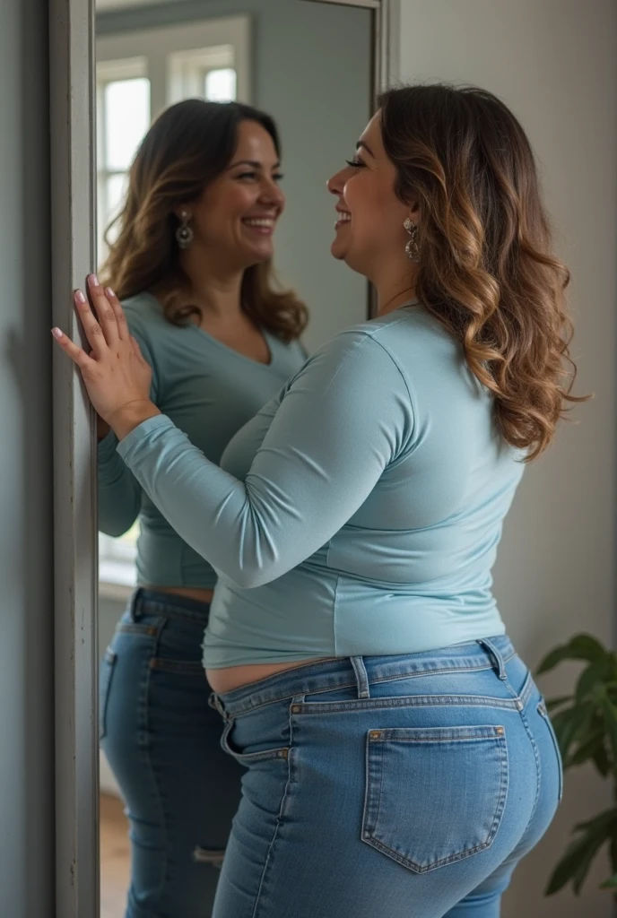 A scene of someone feeling frustrated(a) for not being able to lose weight, showing common difficulties, like clothes that no longer fit or lack of confidence in the mirror.